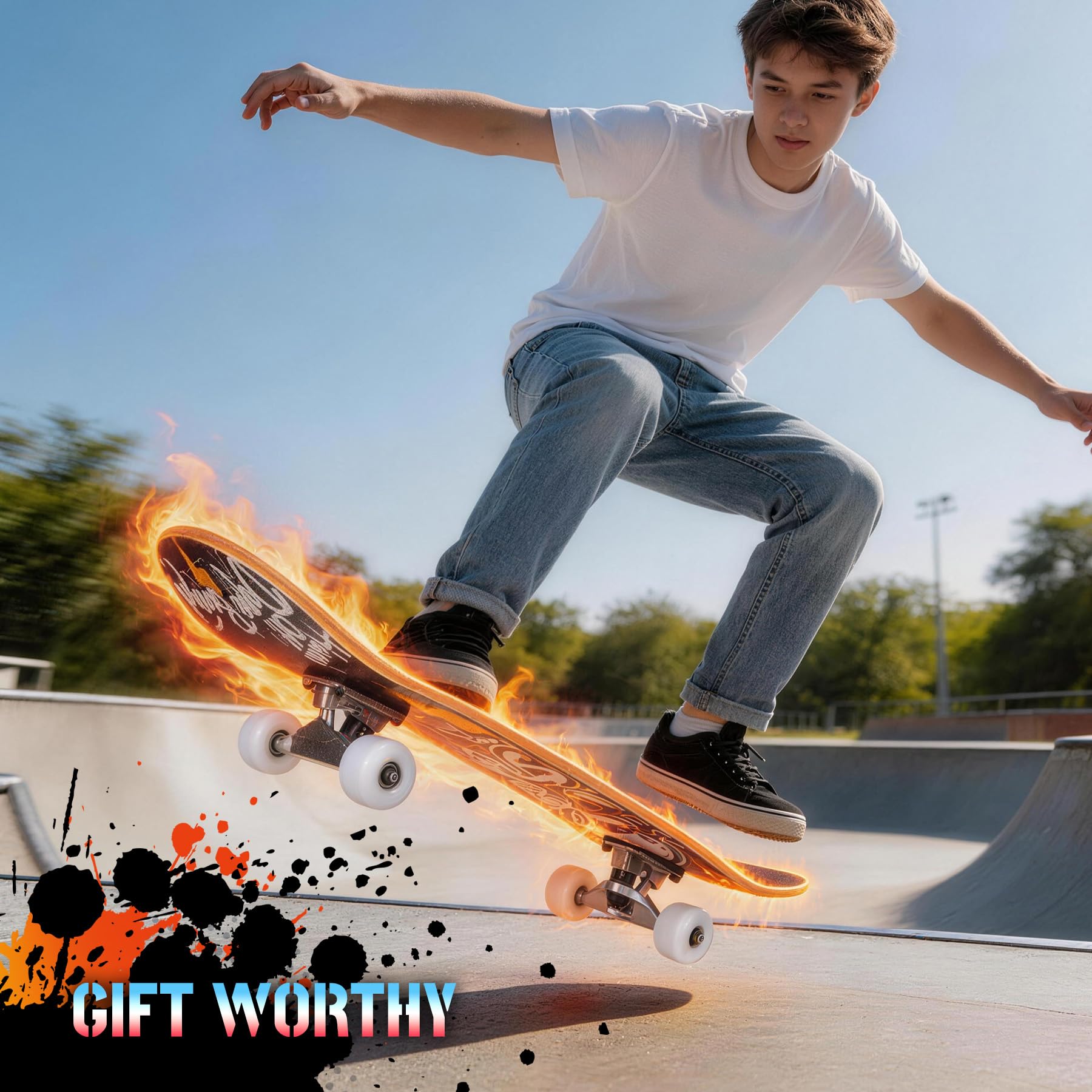 Planche à roulettes Pro complète pour débutants, filles, garçons, enfants, adolescents, adultes, 78,7 x 20,3 cm, 7 couches, érable canadien, longboard concave double kick