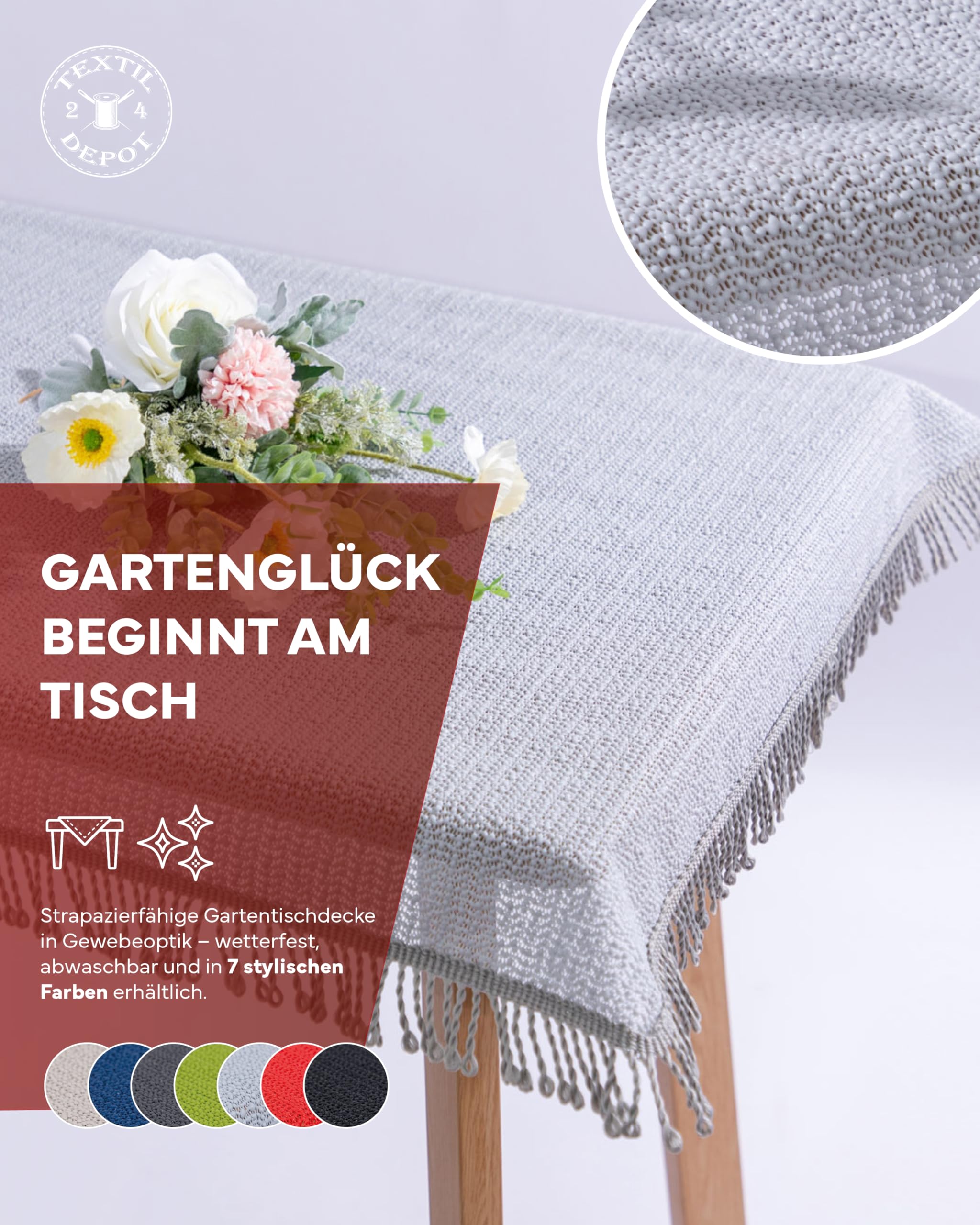 Gartentischdecke 130 x 220 cm hellgrau mit Fransen wetterfest geschäumt rutschfest