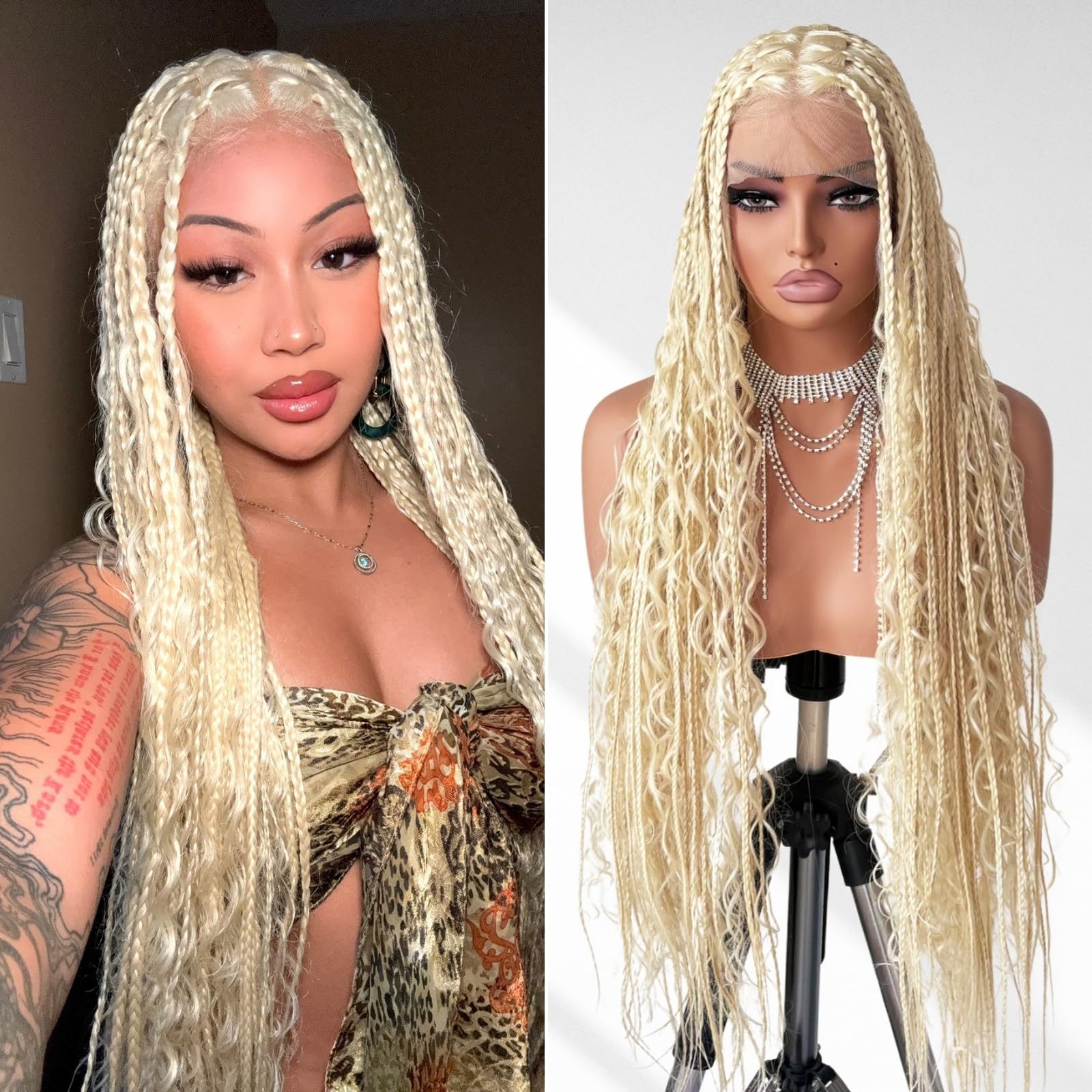 32 Inch Platinum Blonde Boho Braided Wigs for Black Women Hand-Braided Square Knotless Box Braids Wig with Bohemian Curly, Glueless Lace Synthetic