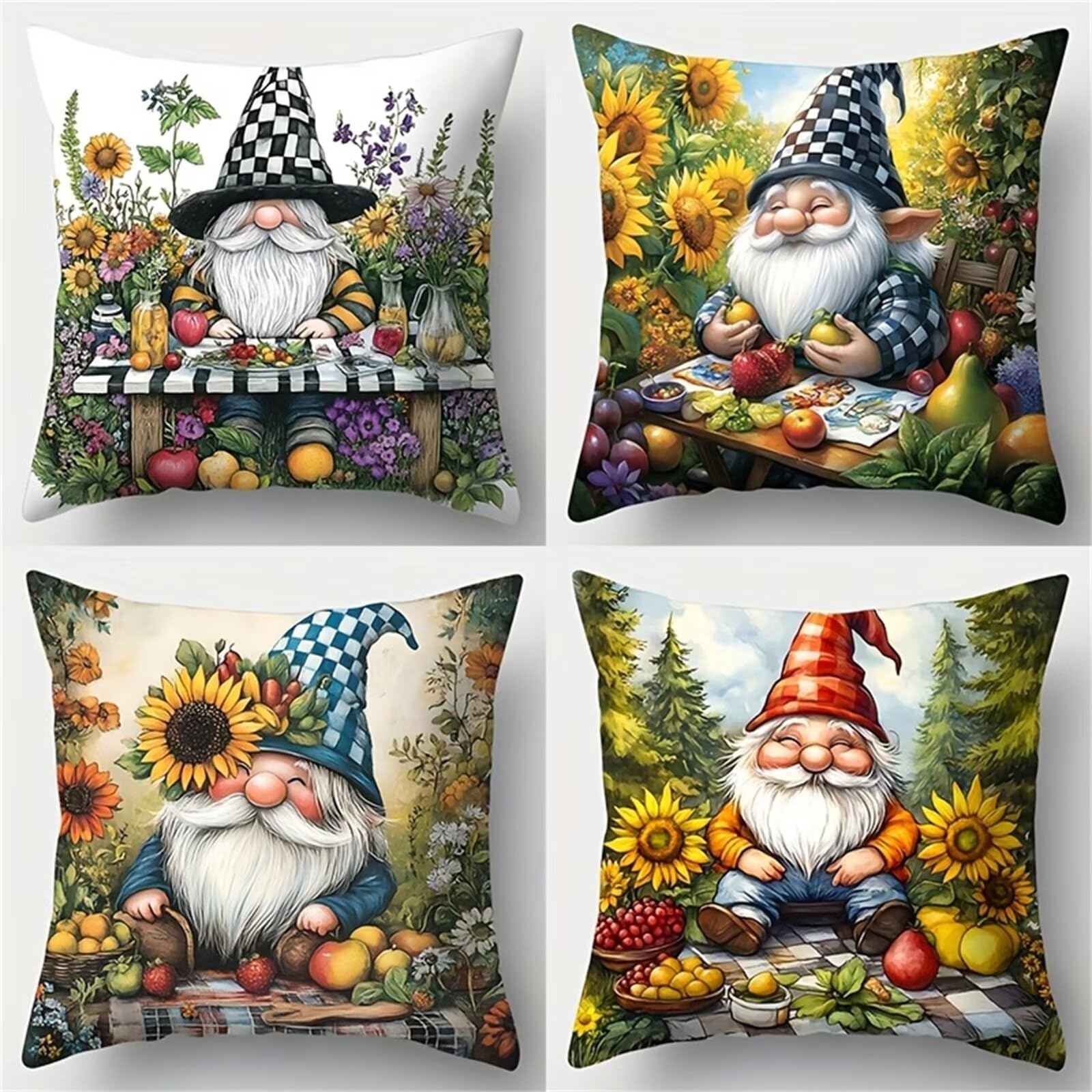 Heaen Outdoor Cushions Covers Waterproof 55x55 cm Set of 4 Square Linen Pillow Cases Sunflower Cartoon Decorative Dushions for Sofa Porch Patio Home Decor