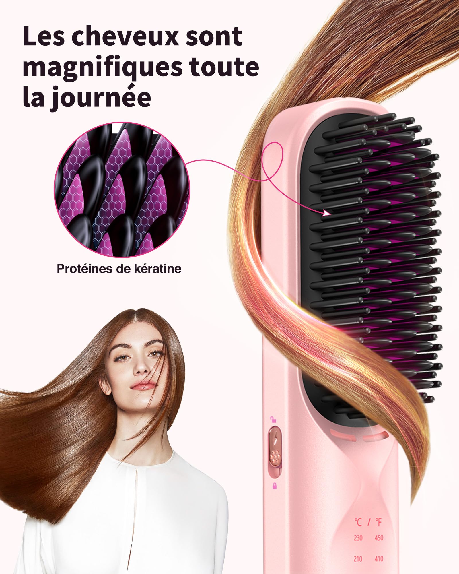 Bopcal Brosse Lissante Sans Fil 10000 mAh - 3 en 1 Brosse Lissante pour Cheveux avec des Millions d'ions Négatifs, Chauffage Rapide, pour Voyage & Powerbank JDS1 18