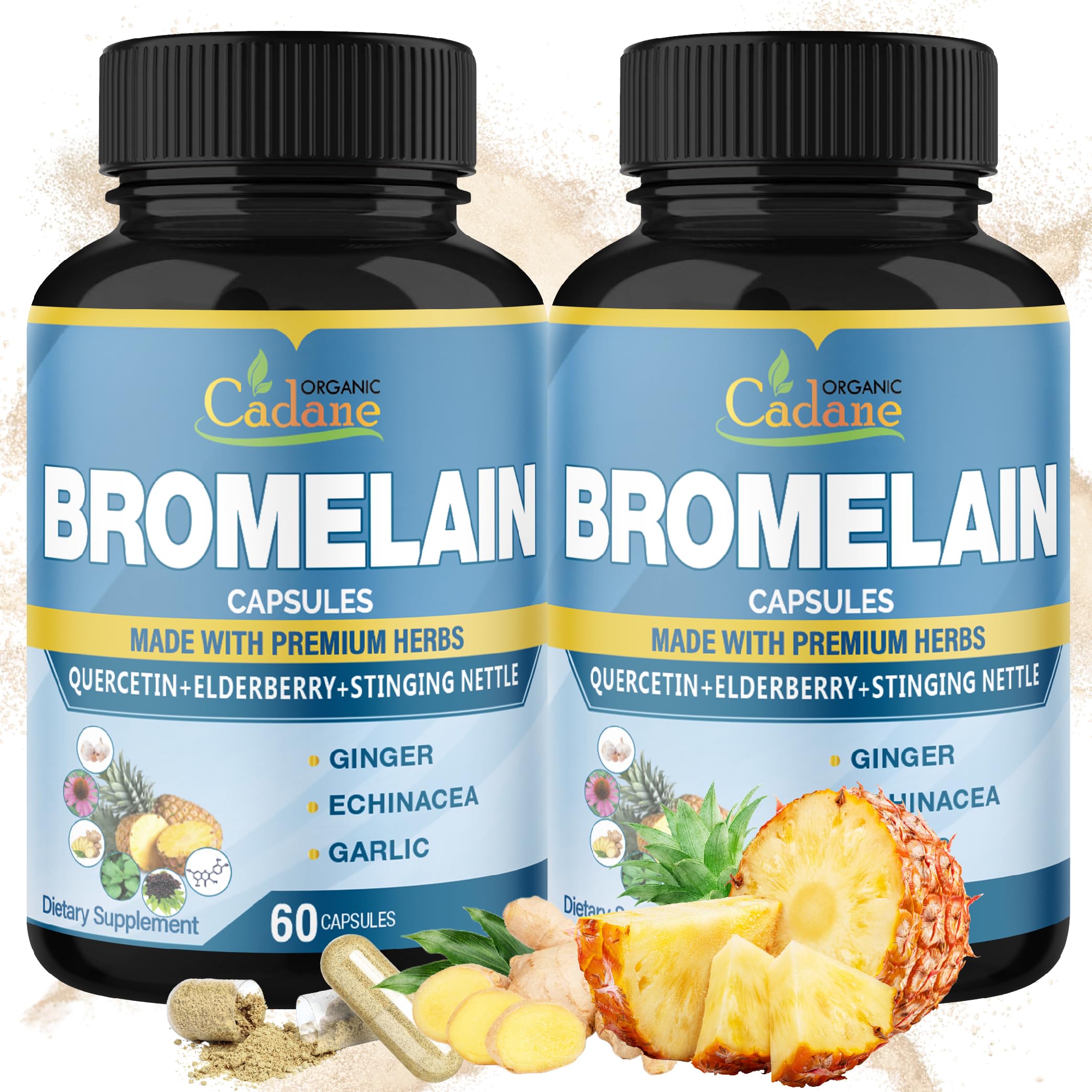 Cadane 2 Packs 60caps of Bromelain Supplement Capsules, with Quercetin, Elderberry, Ginger, Echinacea, Garlic, Black Pepper, 2 Months Supply
