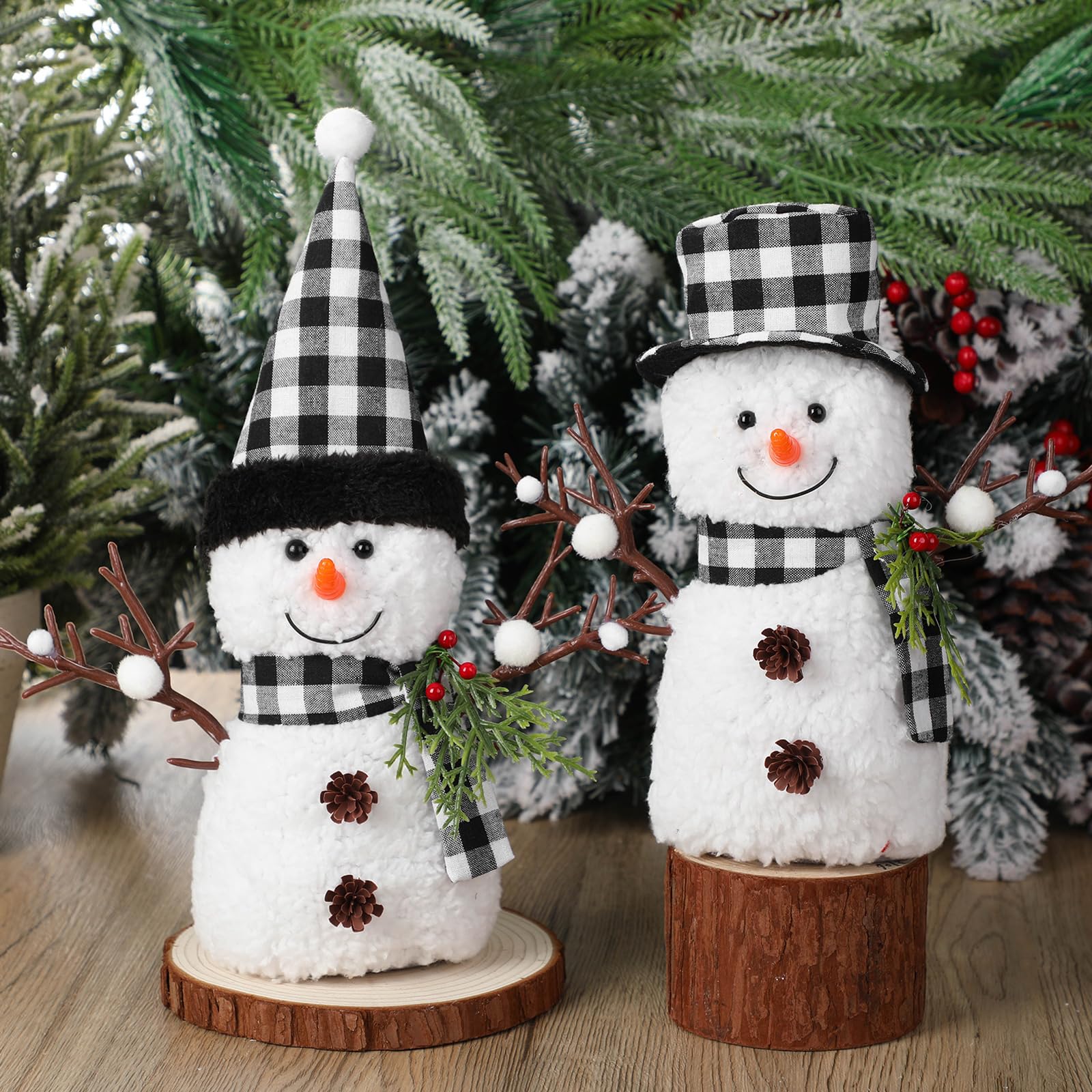 Youyole 2 Pcs Winter Snowman Plush Doll Tabletop Decorations 11.4'' Black and White Buffalo Plaid Scarfs and Hats Snowman Figurines Holiday Rustic