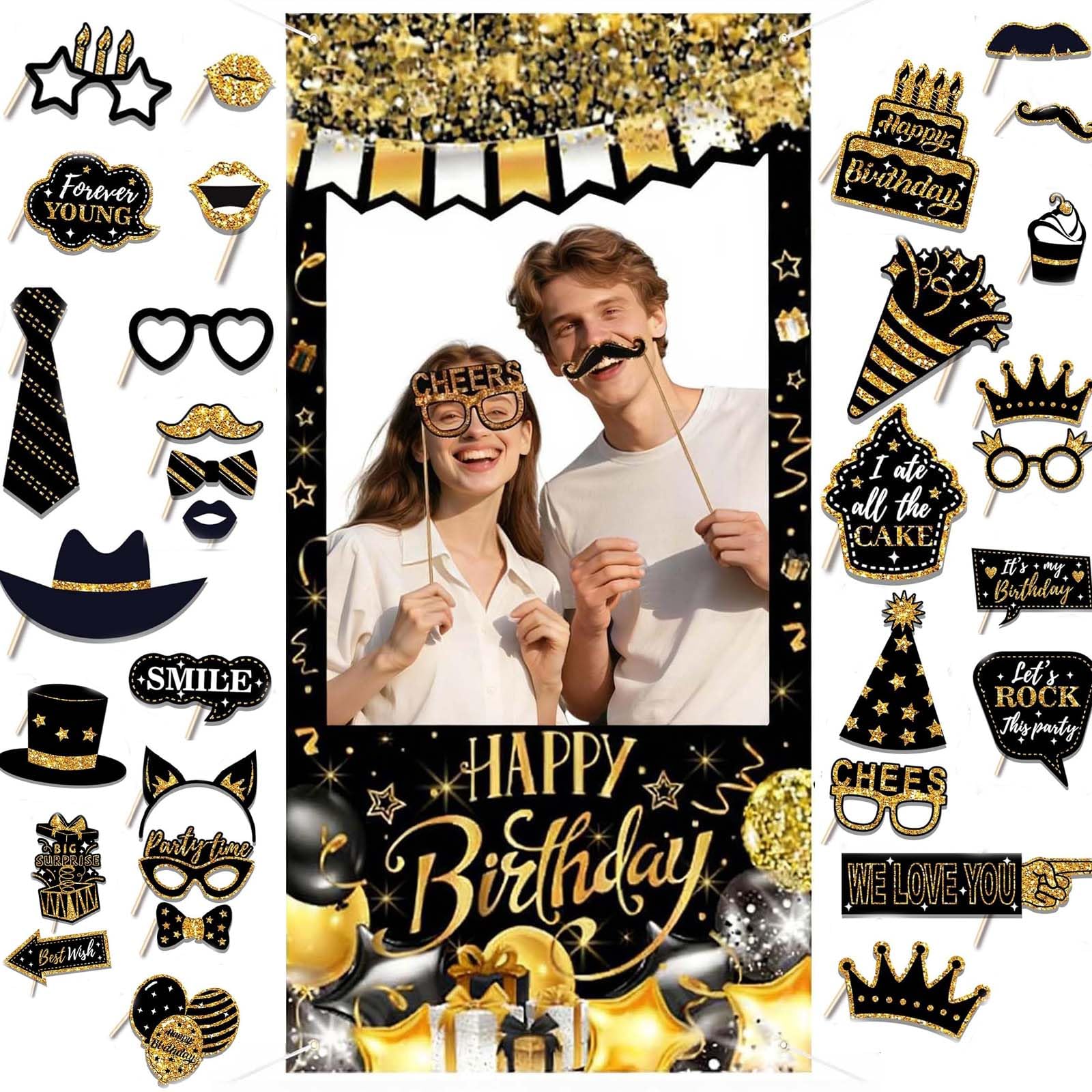 37Pcs Photo Booth Props Set, Black Gold Birthday Banner Photo Booth Props Background, Happy Birthday Background for Men Women Party Supplies Decor