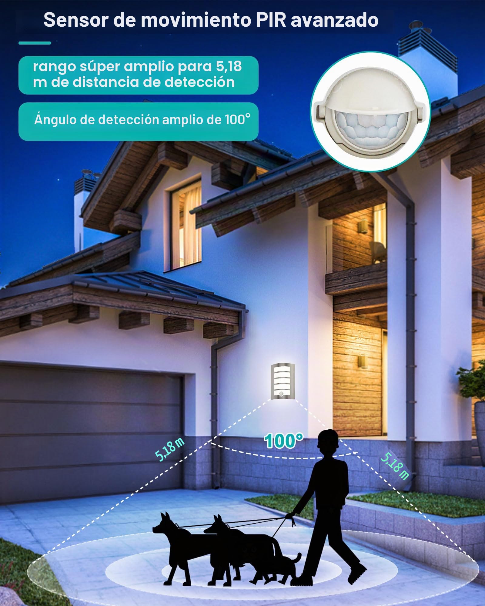 HiBay E27 Lámpara de Pared con Sensor de Movimiento para Exteriores IP44 Angular ABS Acero Inoxidable para Iluminación de Balcones de Casa (sin bombillas)