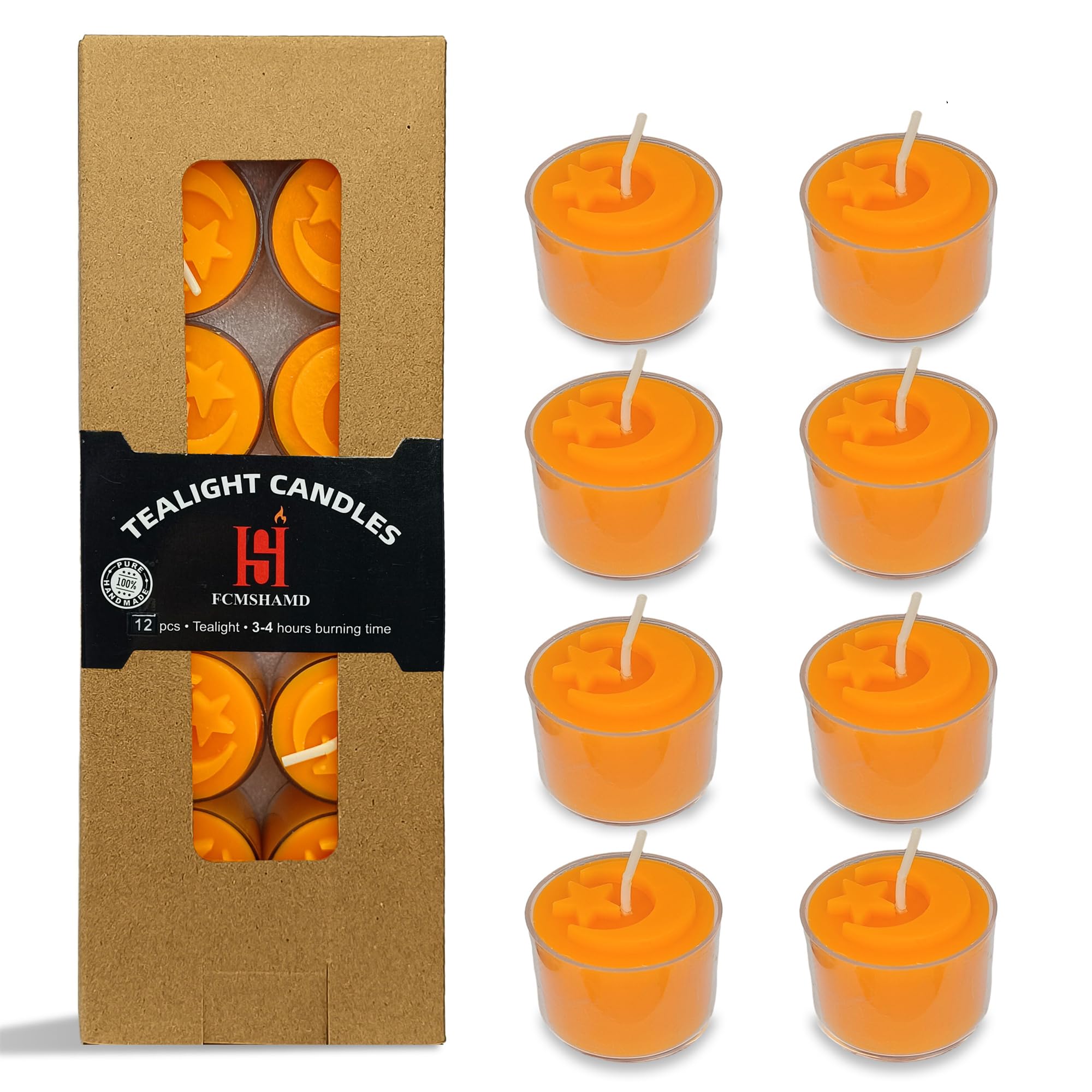 Star and Crescen Shape Beeswax Tealight Candles Muslim Islamic, 12 Pack Handmade Natural Beeswax Tea Light Candles, Clear Cup Yellow Bees Wax Tealight 8 Hour Burn Time for Home Decor, Ramadan, Eid