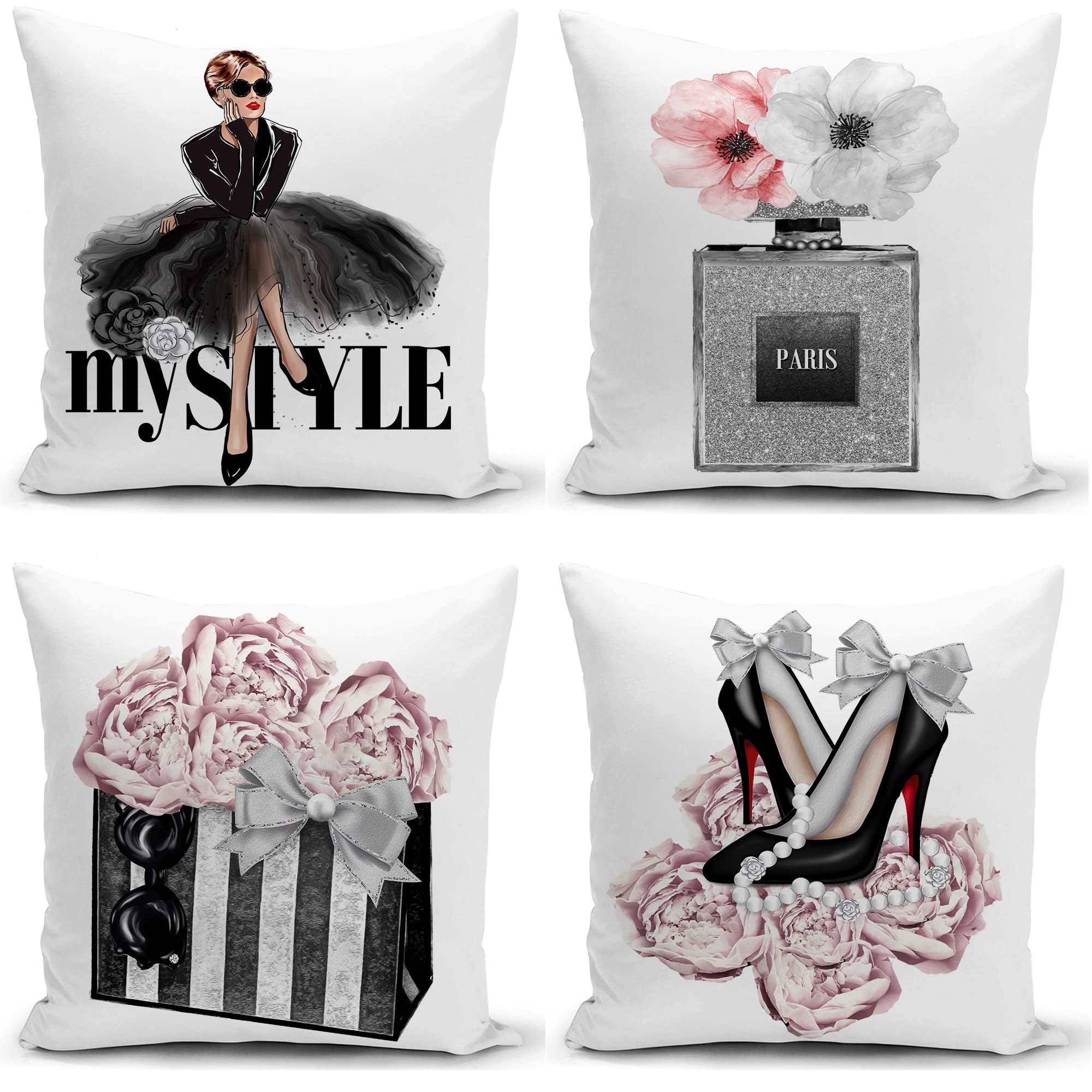 HSINYA Set of 4 18x18 Pink Throw Pillow Covers Couch Bed Decorative Pillow Covers Fashion Girls Silver Perfume Flowers Cute Accent Pillow Covers Bedroom Black White Velvet Pillowcases (Pink and Gray)