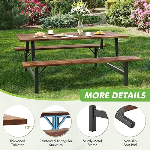 Miniatura 8 de Giantex Juego de mesa de picnic para 6 o 4 personas, mesa de campamento grande de 6 pies, juego de mesa de comedor de madera de acacia al aire libre