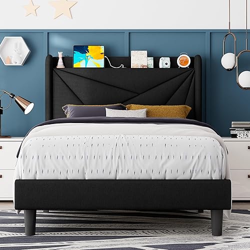 Miniatura 19 de Feonase Base de cama de tamaño individual con estación de carga, base de cama tapizada de lino con cabecera con respaldo de ala, soporte de listones