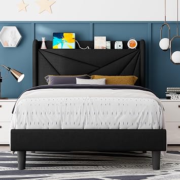 Feonase Twin Size Bed Frame with Charging Station, Upholstered Linen Bedframe with Wingback Headboard, Solid Wood Slats Support, No Box Spring Needed, Noise Free, Black