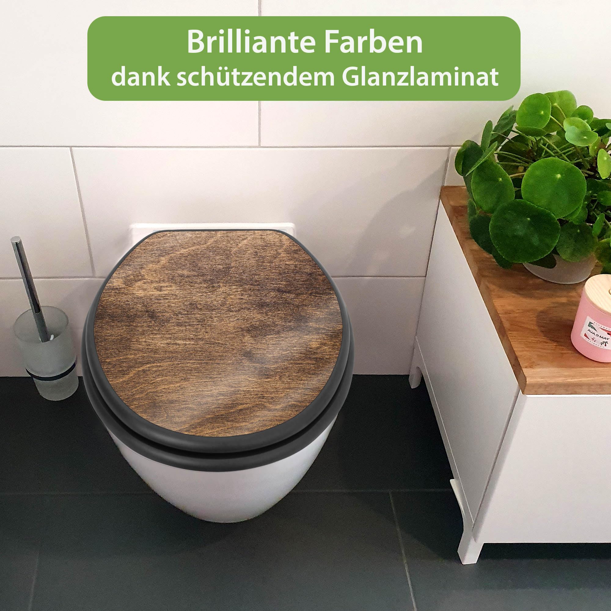 banjado WC Sitz Holzoptik - mit Absenkautomatik Softclose - 38 x 46,5cm O-Form - MDF Holz Toilettendeckel anthrazit - Klositz grau pflegeleicht für Badkomfort Motiv Holz Struktur Warm