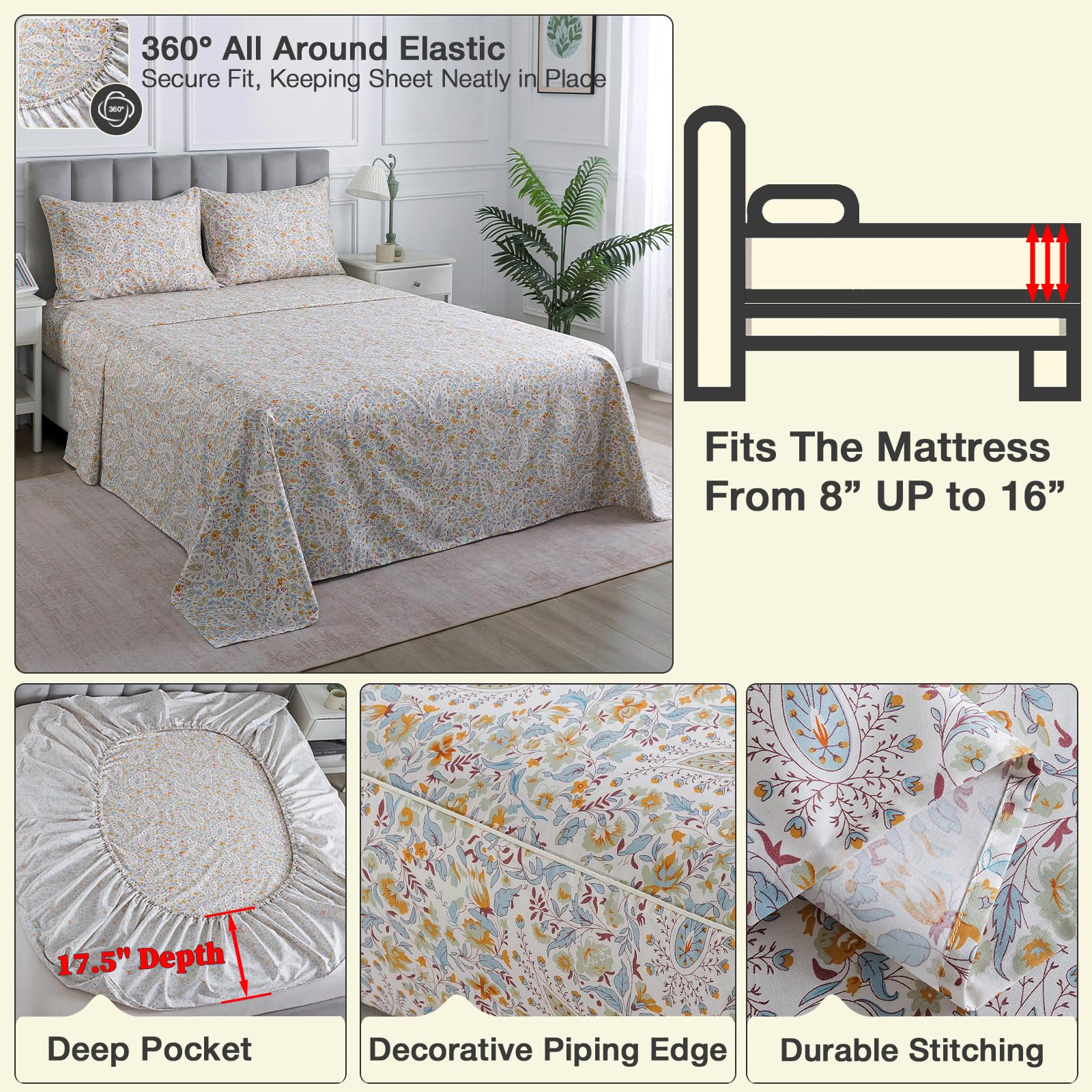 Lenzuola in percalle con motivo cachemire vintage, per letto California King, beige chiaro, shabby chic, floreale, 100% cotone, con tasca profonda, set di biancheria da letto di lusso, motivo