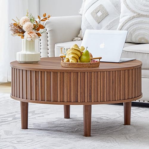 Miniatura 3 de Mesa auxiliar redonda con almacenamiento, mesas de centro modernas acanaladas de mediados de siglo, espacio pequeño, mesa central de madera de 31.5