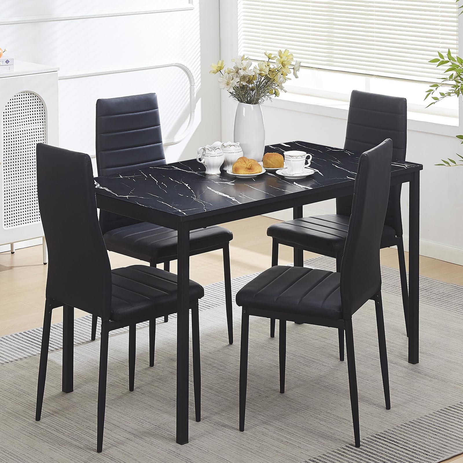 paonne 5-Pieces Black Marble Effect Dining Room Set for 4 Modern & Contemporary Wooden Kitchen Table with 4 PU Chairs for Home Kitchen/Small Space/Apartment