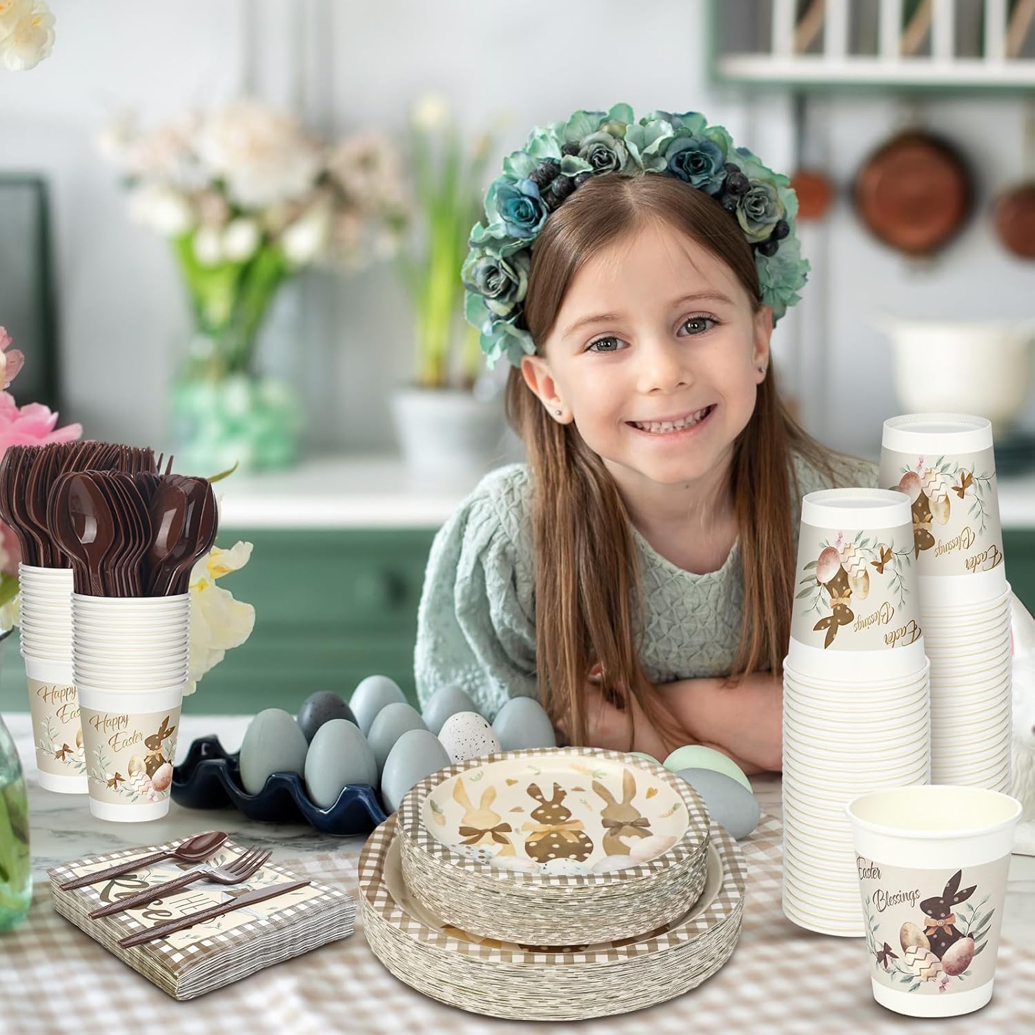 350 Pcs Easter Plates and Napkins Tableware Set- Serves 50, Happy Easter Bunny Disposable Decorations Paper Plates, Napkins, Cups, Spoons, Forks, Knives, Animal Print for Spring Party - Image 4