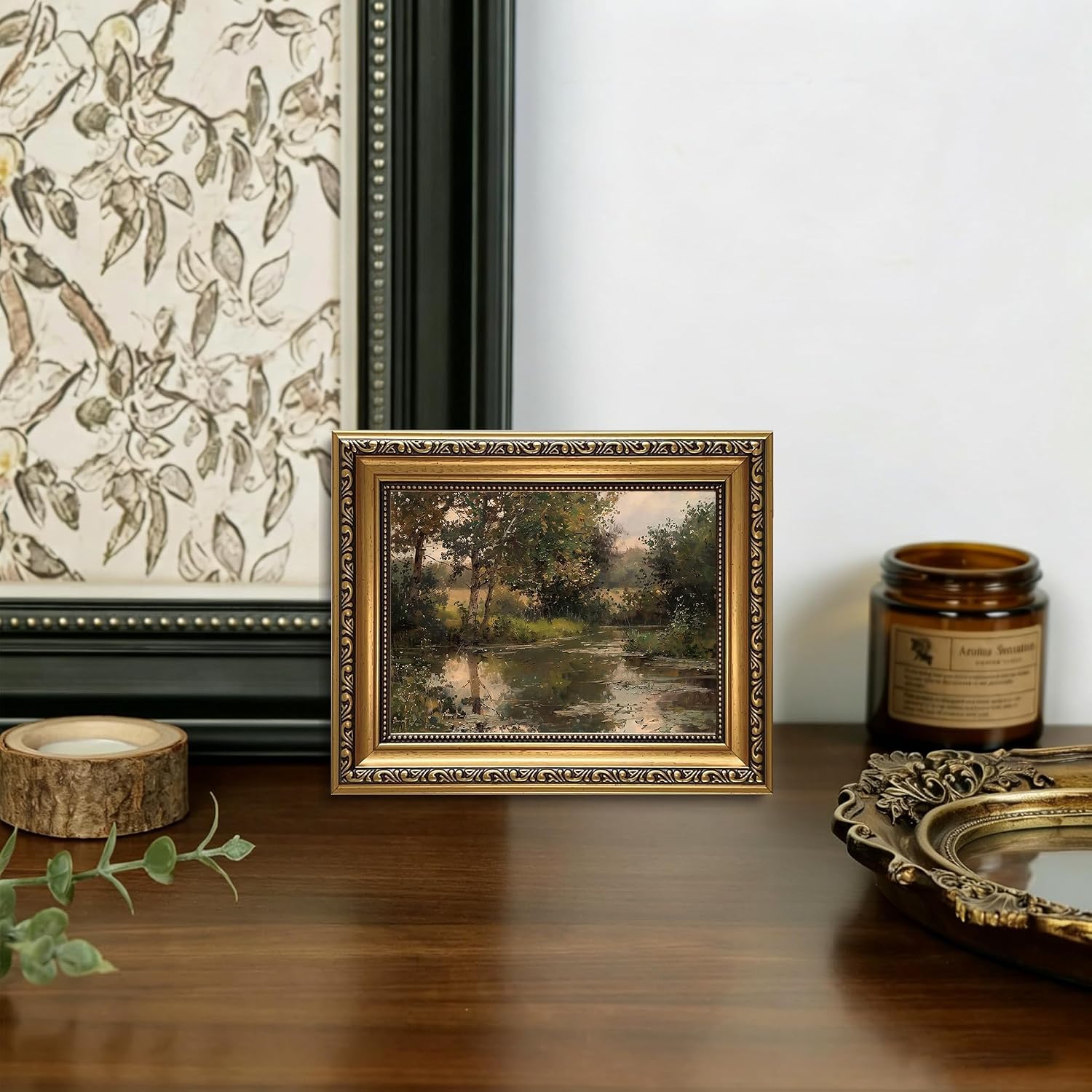 Vintage Gold Framed Lakeside Trees Forest Landscape Wall Art 8x10in image 3