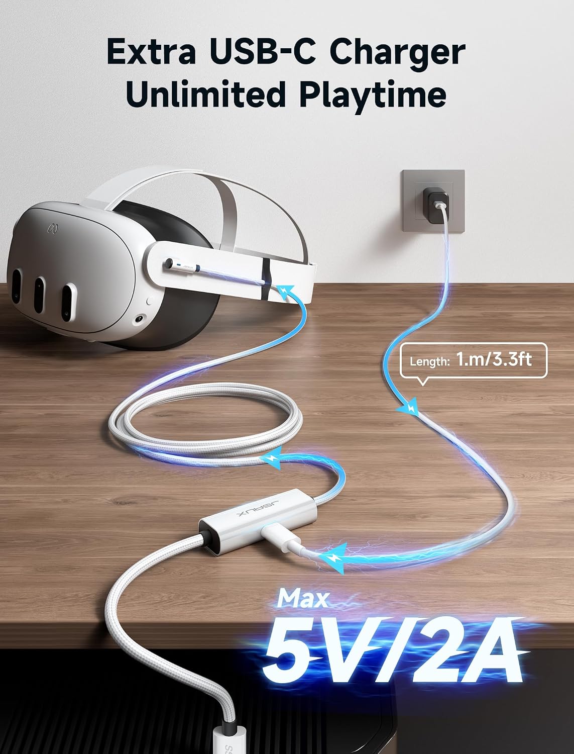 JSAUX Cabo de ligação de 16FT com carregamento compatível com acessórios Meta Quest 3S/Quest3/2/Pro 【Carregamento durante a reprodução】 Dados de alta velocidade USB 3.0 compatível com Oculus