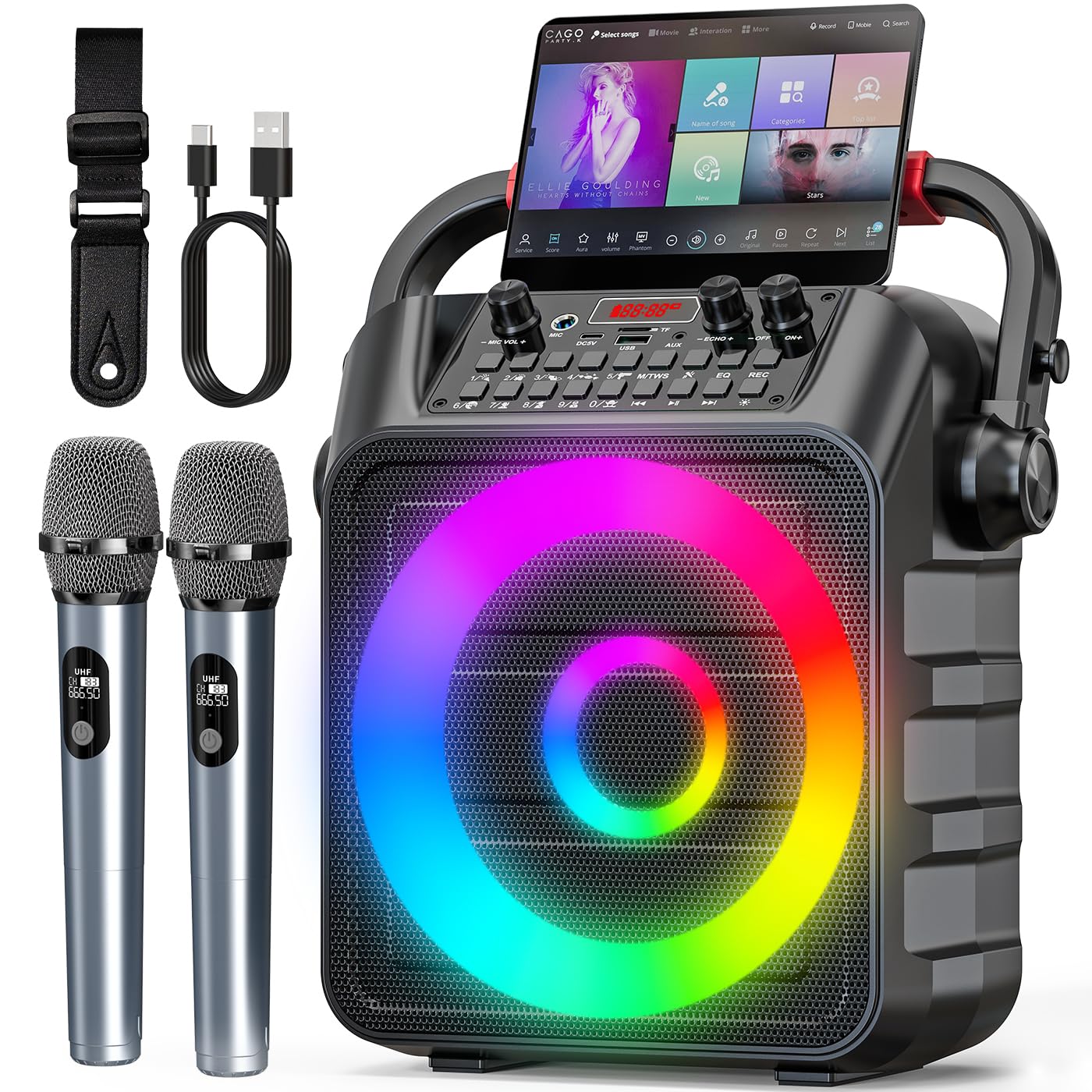 Machine karaoké pour Adultes,Enceinte Bluetooth Portable avec 2 Microphones. Karaoké Professionnel pour Les fêtes avec lumière LED,Support USB/TF/AUX/MIC/TWS.Présent de fête,DJ