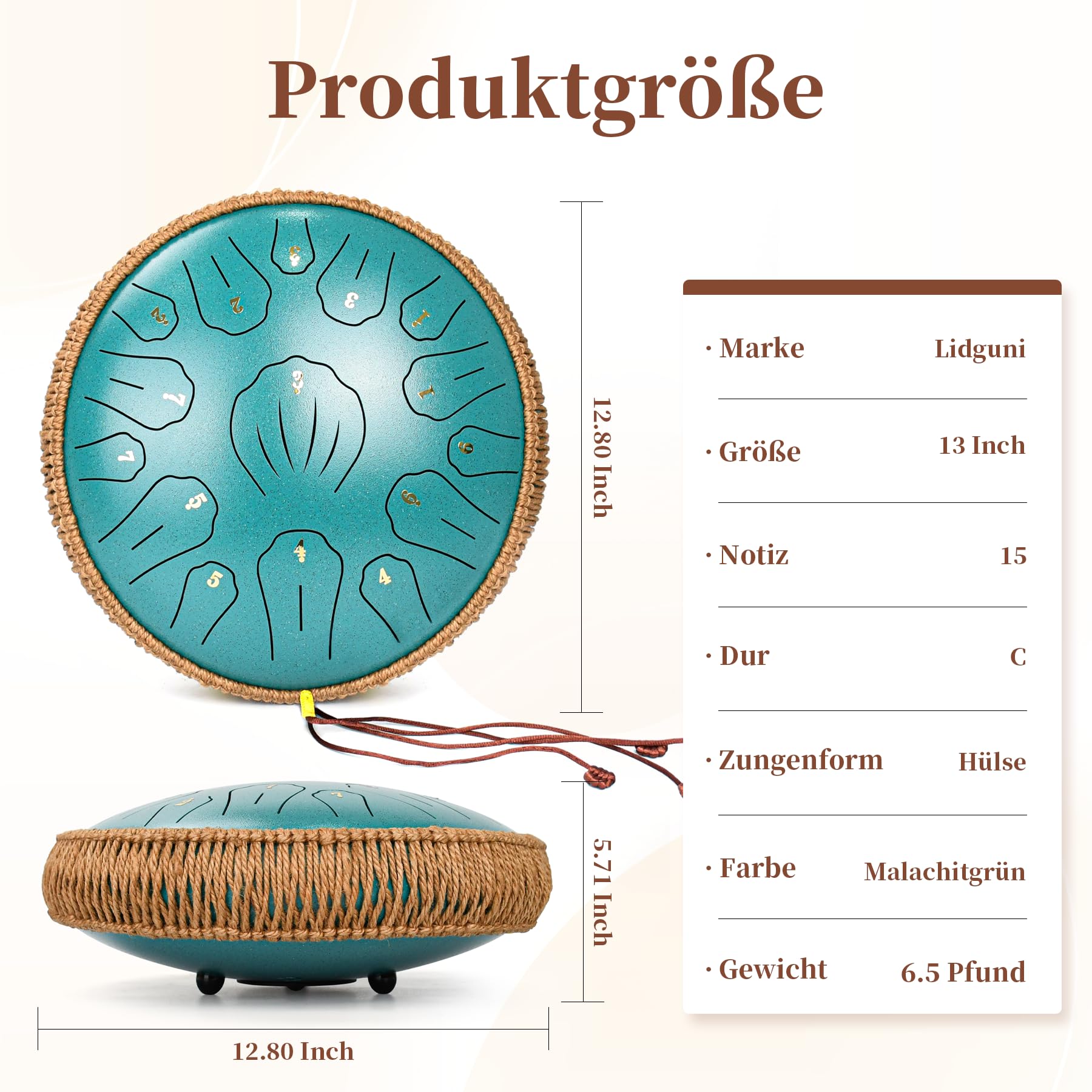 Steel Tongue Drum - 33 cm - Tambour à langue en acier à 15 tons - Instrument de musique à main pour adultes et enfants - Avec carnet de partitions, maillets et sac de transport - Do majeur - Vert