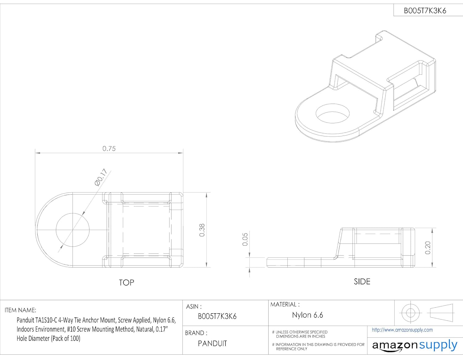 Panduit TA1S10-C 4-Way Tie Anchor Mount, Screw Applied, Nylon 6.6, Indoor Environment, #10 (M5) Screw Mounting Method, Natural, 0.17" Hole Diameter (Pack of 100)