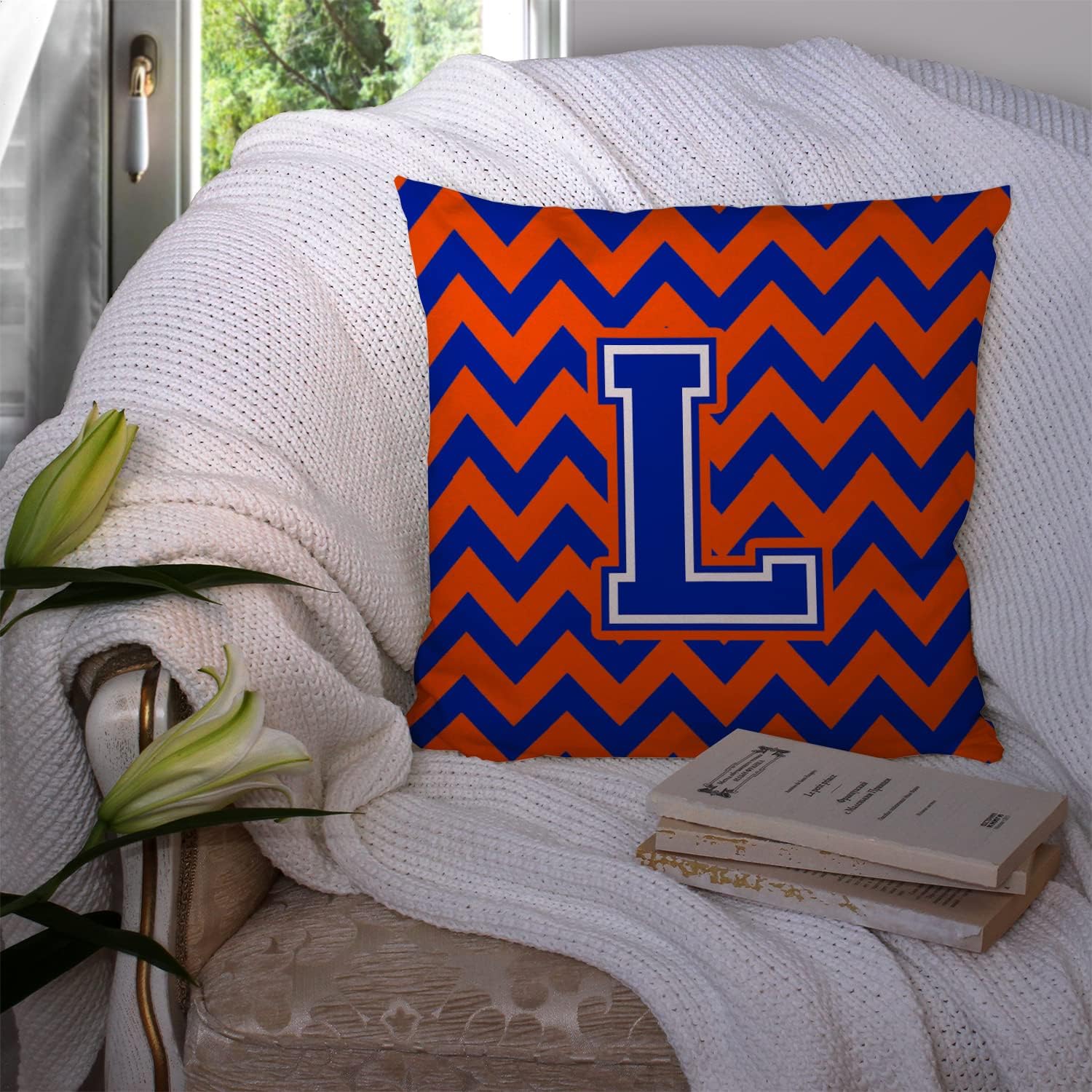 Caroline's Treasures CJ1044-LPW1414 Letter L Chevron Orange and Blue Fabric Decorative Pillow Machine Washable, Indoor Outdoor Decorative Pillow for Couch, Bed or Patio, 14Hx14W