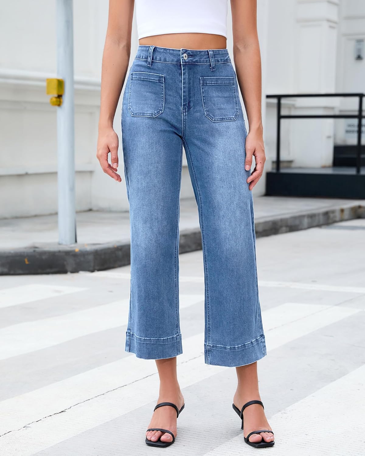 LookbookStore Wide Leg Cropped Jeans for Women High Waisted Stretchy Denim Jean Pants Baggy Flare Trouser Jeans Pockets - Image 2