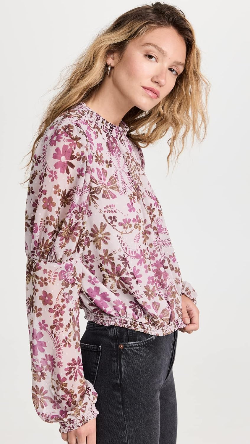 Free People Women's Clarissa Printed Top, Grey Lilac Combo, XS - Image 4