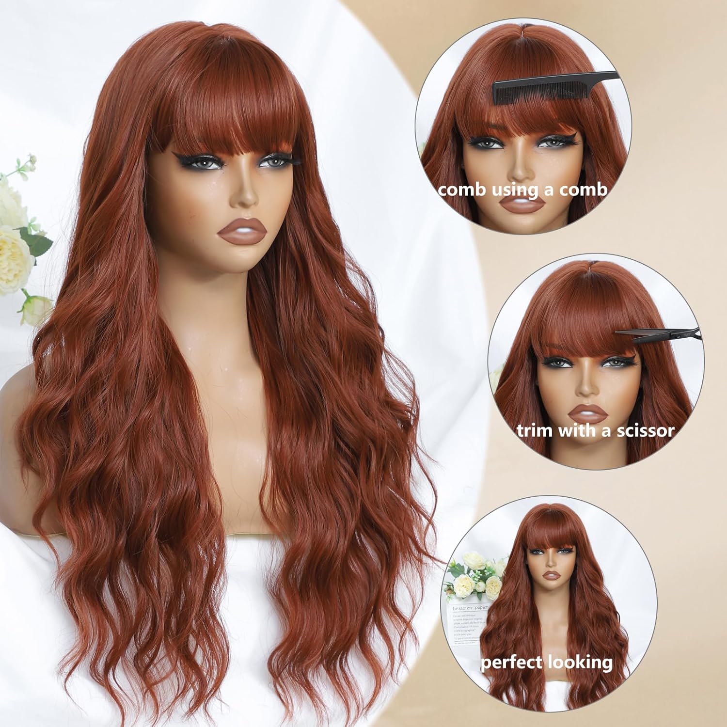 MINSEEYOO Auburn Wig with Bangs for Women Long Wavy Wigs 26 Inch Auburn Wigs Natural Looking Heat Resistant Synthetic Wig for Daily Party Use
