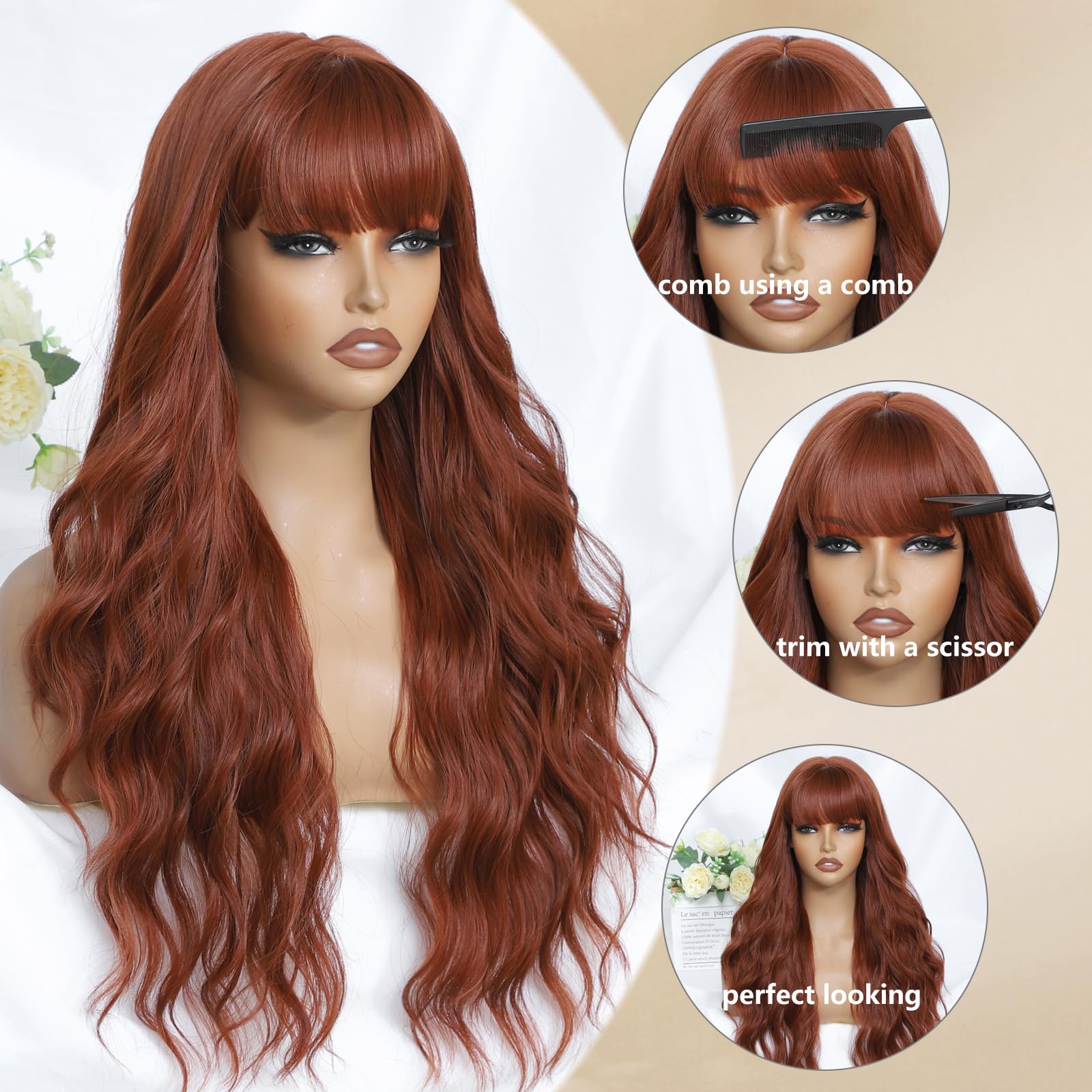MINSEEYOO Long Wavy Synthetic Wig with Bangs, Heat Resistant