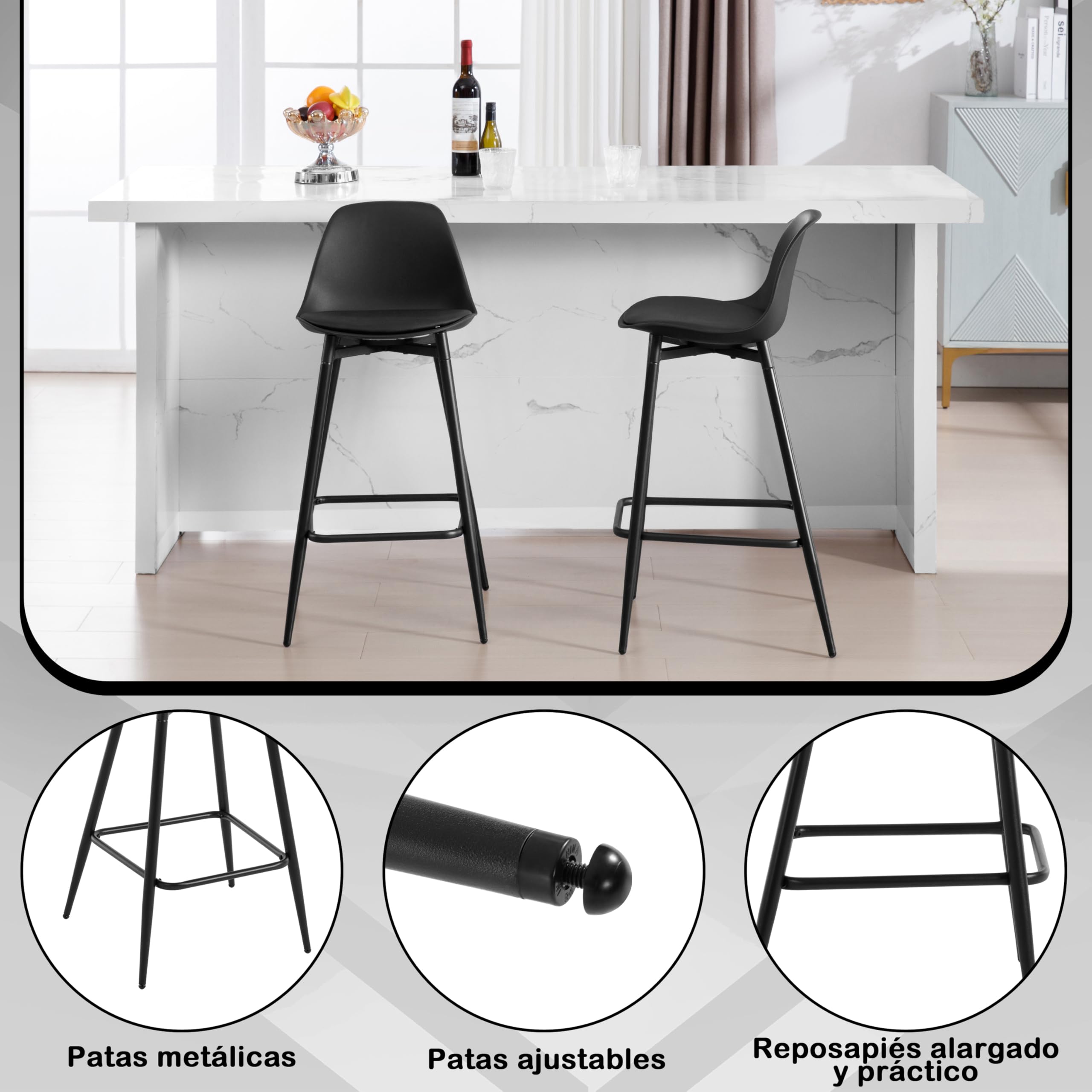 Taburete Bar con Respaldo Asiento en PP, Negro | para Comedor, Salón y Cafetería