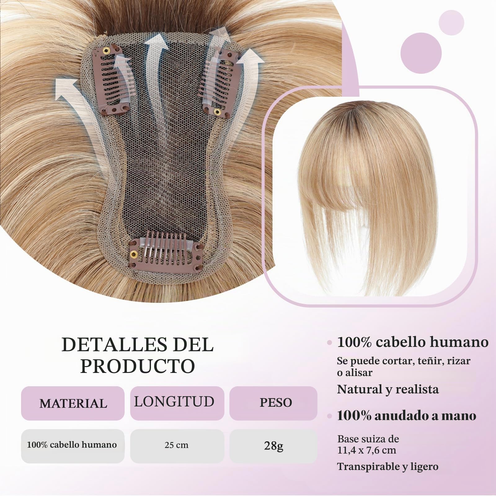 Toppers para el cabello para mujer, de cabello humano real con flequillo, cosido a mano, cobertura 360° 3D, natural para adelgazar el cabello, piezas de pelo para mujeres (marrón medio a rubio helado)