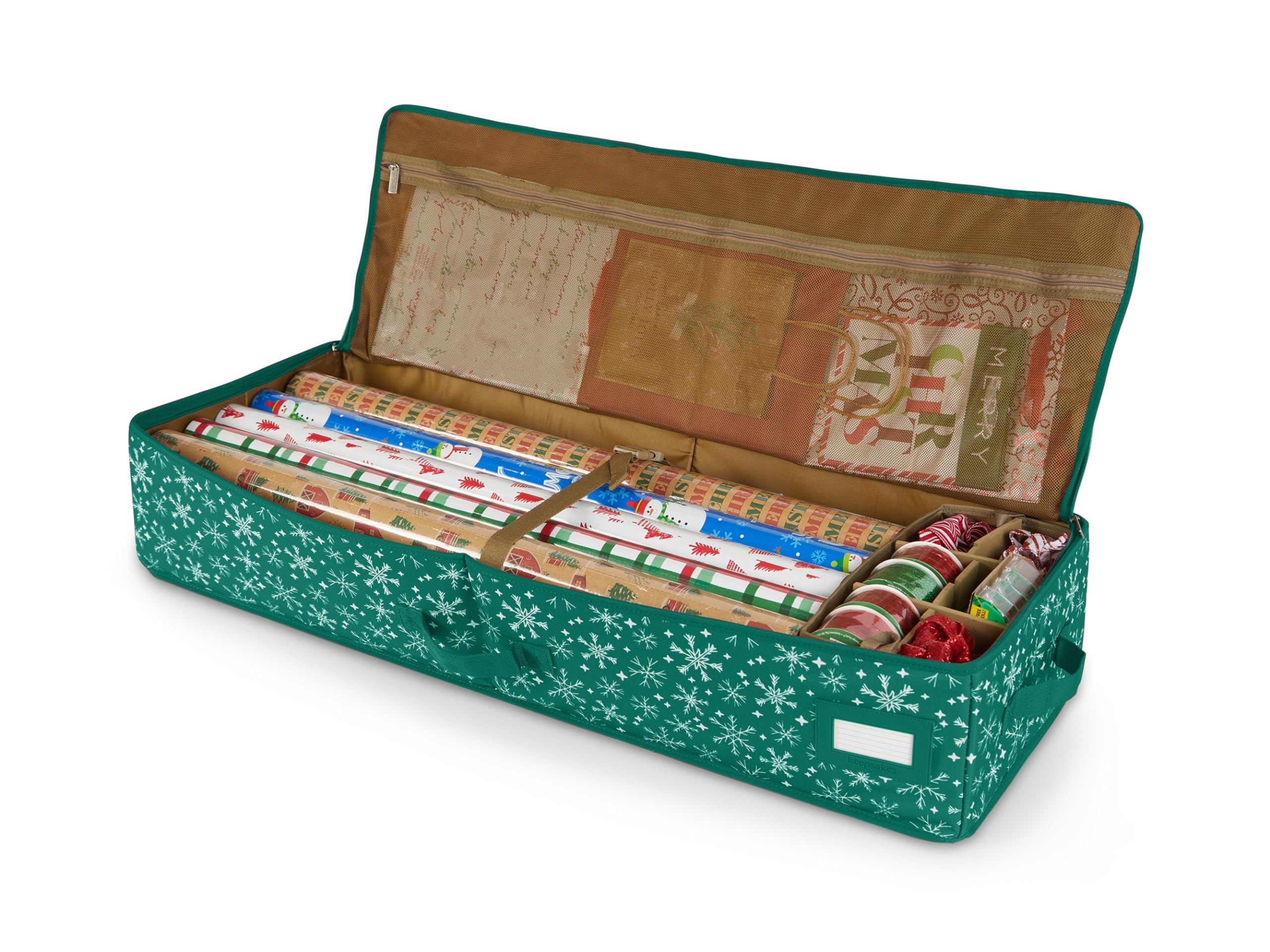 Covermates Keepsakes Gift Wrap Organizer - Holds up to 25 Rolls - Heavy Duty - Accessory Trays with Adjustable Compartments - Mesh Pocket - Holiday Storage, Green Snowflake