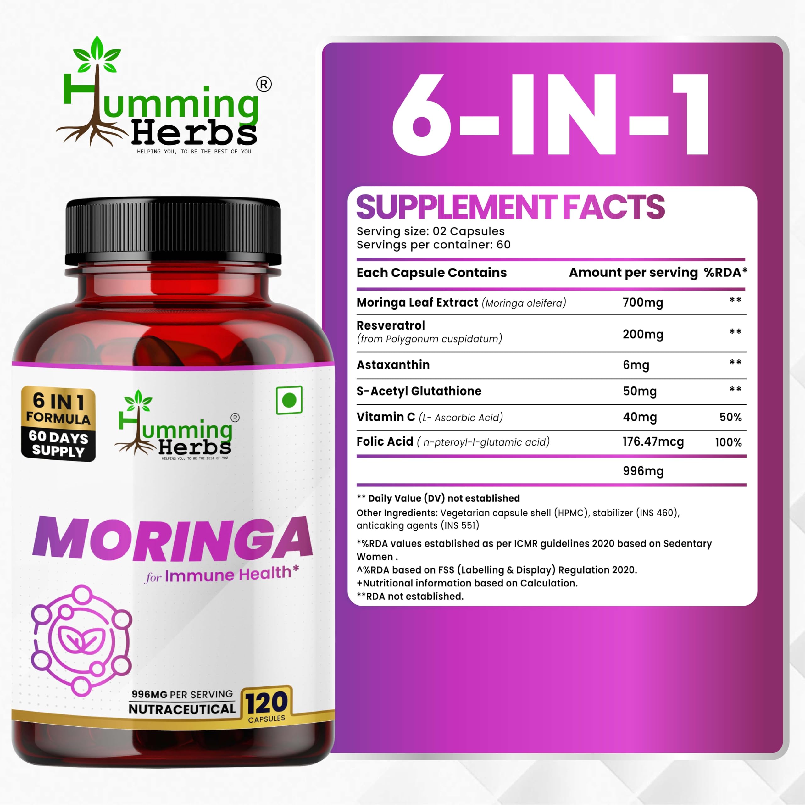 Humming Herbs Moringa with Resveratrol, Astaxanthin, Glutathione, Vitamin C & Folic Acid | 996mg 6-in-1 Immune & Antioxidant Support | 120 Capsules | 60 Days Supply | Herbal Supplement — Amazon image 4