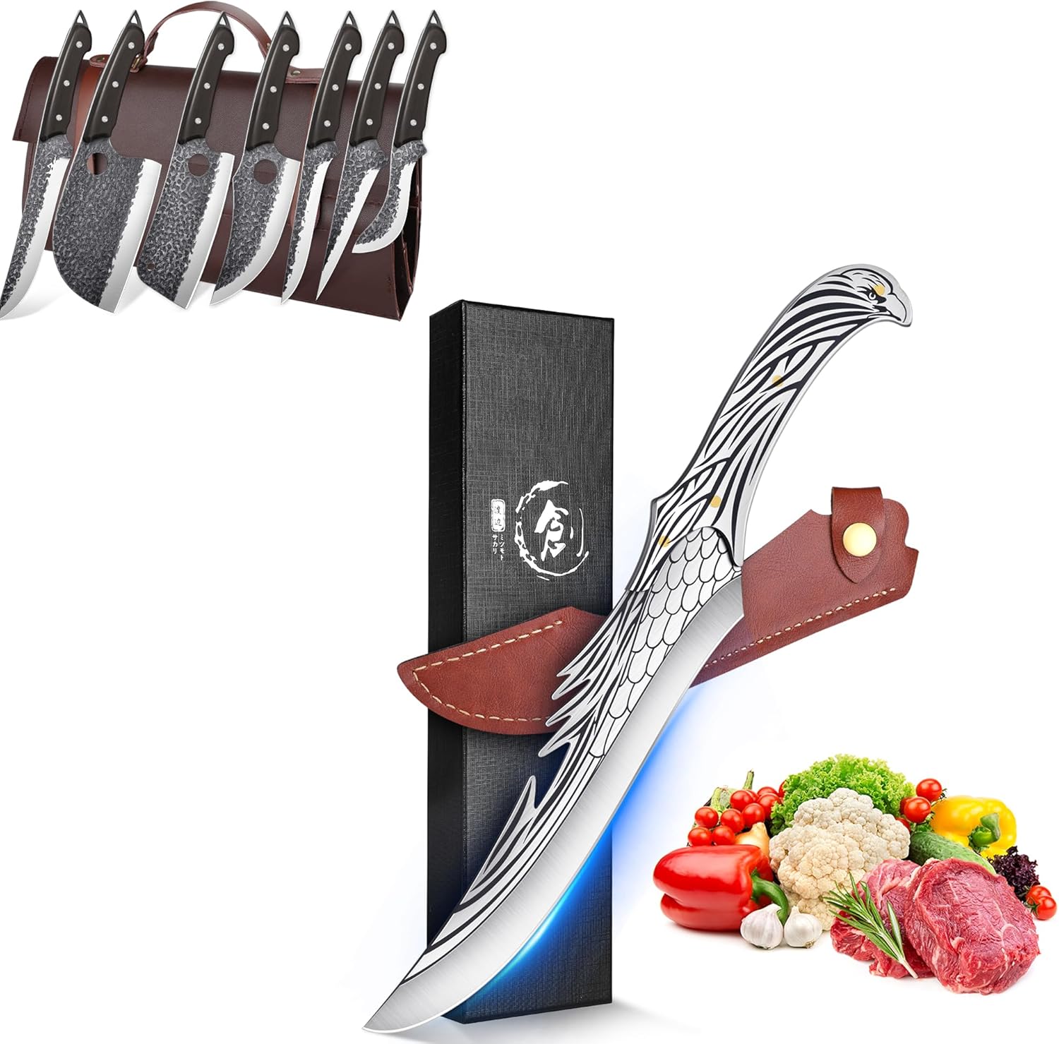 ROCOCO The 8'' Boning Knife Bundle with 13PCS Butcher Cleaver Knife Set for Cutting Ribs Roasts Fruits Veggies Multipurpose Kitchen Knives for BBQ Birthday Thanksgiving Christmas Gift Ideal Men