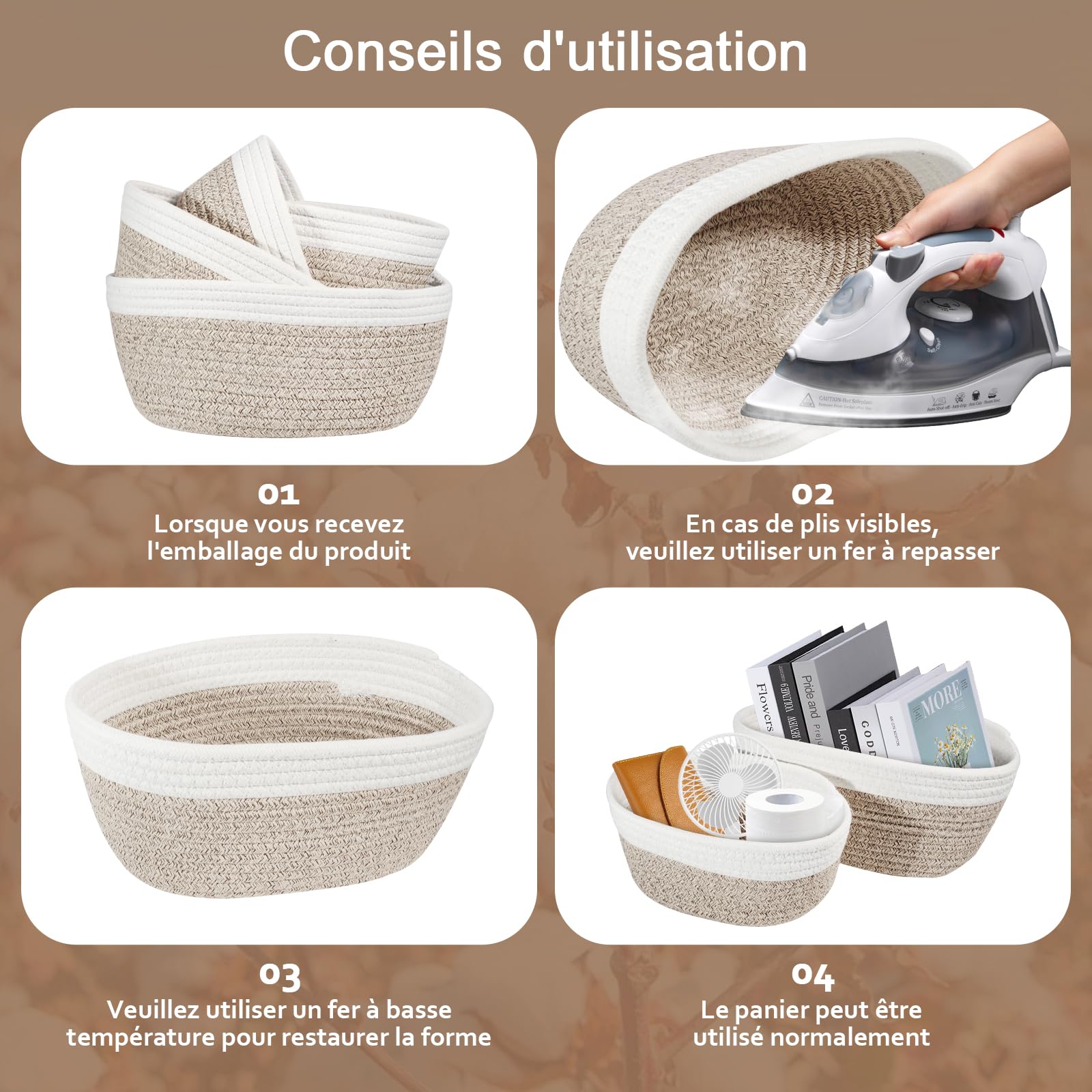 4 Pièces Panier Rangement - Panier Rangement Salle de Bain, Rangement Table a Langer, Petit Panier Rangement Tressés en Coton pour Salles de Bains et Aux Chambres à Coucher
