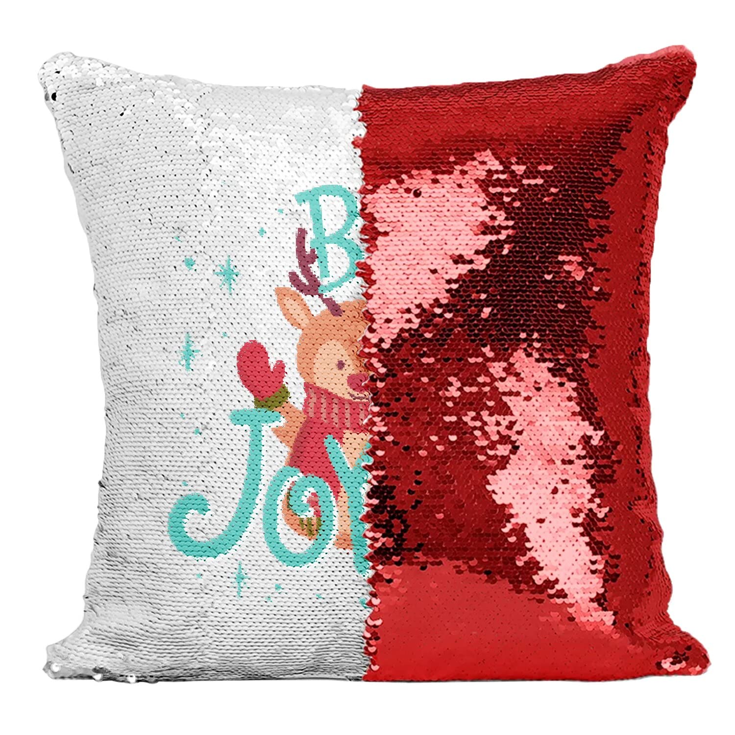 Housse Coussin Sequin Paillettes Rouge dessin mignon Renne de Noël Hiver Neige