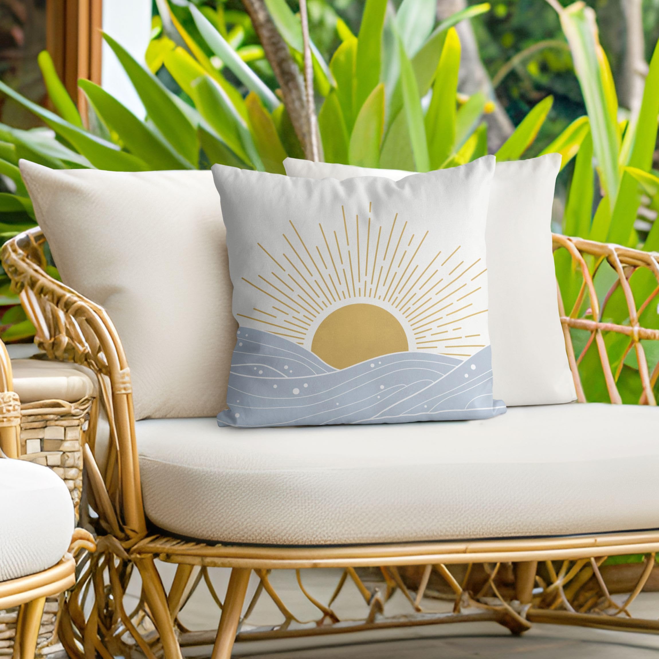 Dekokissen draußen/Outdoor waschbar Strand mit Füllung Zierkissen - Made in Germany - Sonnenuntergang Bezug blau Sofakissen Illustration Outdoor Sofa Bett 1169