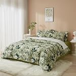 Botanical Floral Duvet Cover Set Queen 100% Cotton Reversible Bedding | White Flower Blossom & Emerald Green Leaves Printed on Sage Green, 3Pcs Modern Farmhouse Garden Aesthetic Comforter Cover