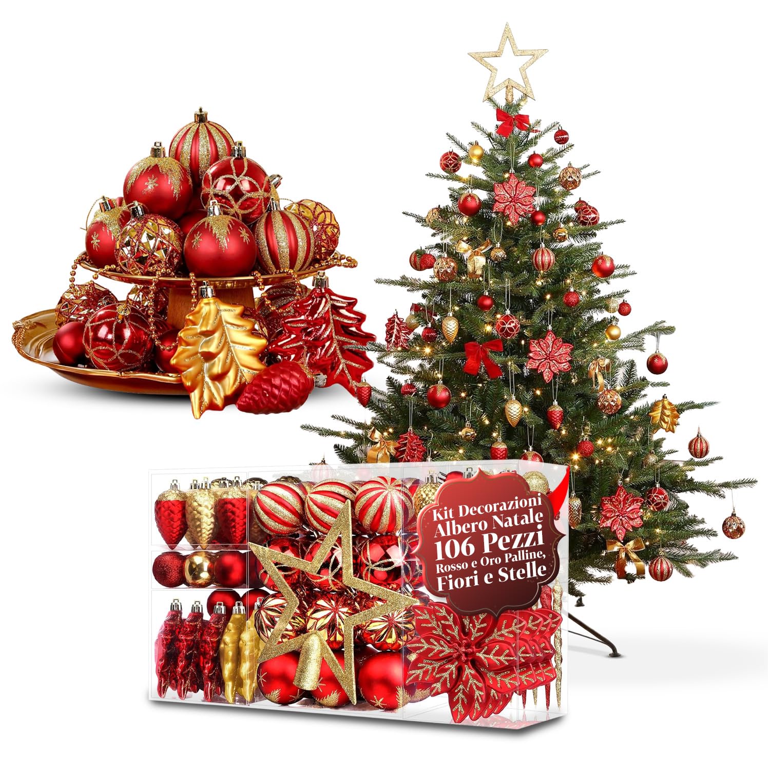 Décorations de Noël incassables et faciles à accrocher : kit de 106 boules et étoiles Avilia