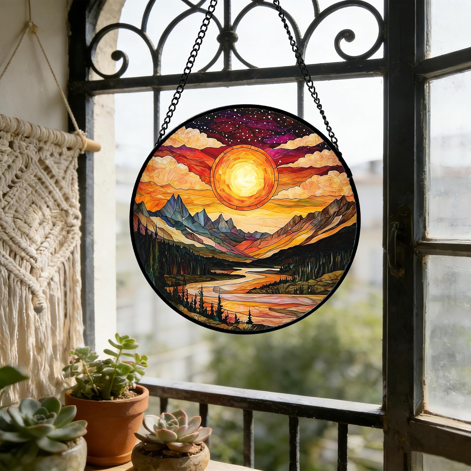 Stained Glass Window Hanging, Dusk Sunset Landscape Sun Catchers Glass Panel Lakes and Mountains Suncatcher Decor for Birthday for Women, Men, Wife, Aunt, and Mom 11.8x11.8 in