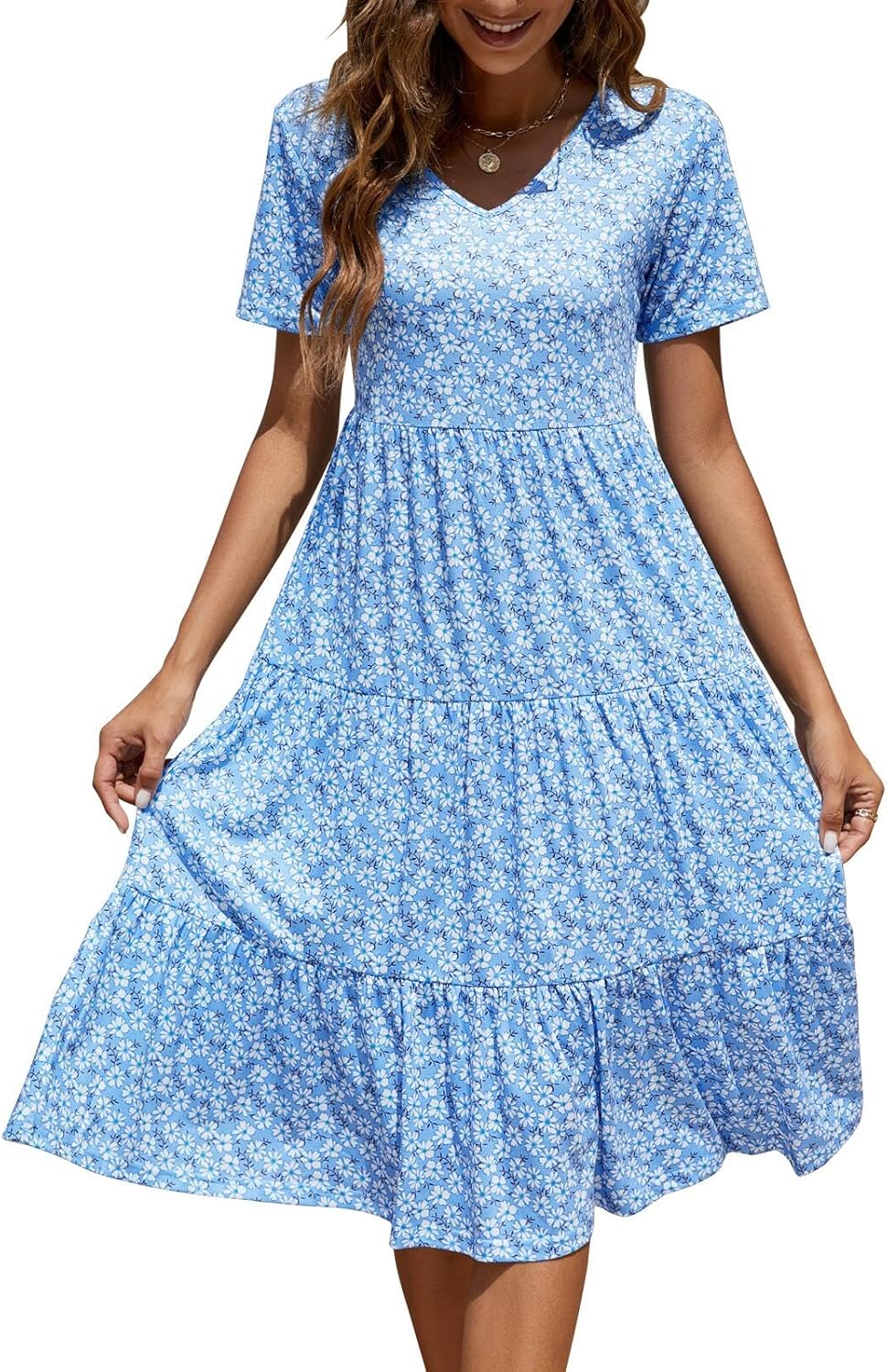 Berydress Women’s Casual Summer Tiered Midi Dress 2025 Short Sleeve V-Neck Loose Cotton Ruffle Babydoll Dress Boho Sundress