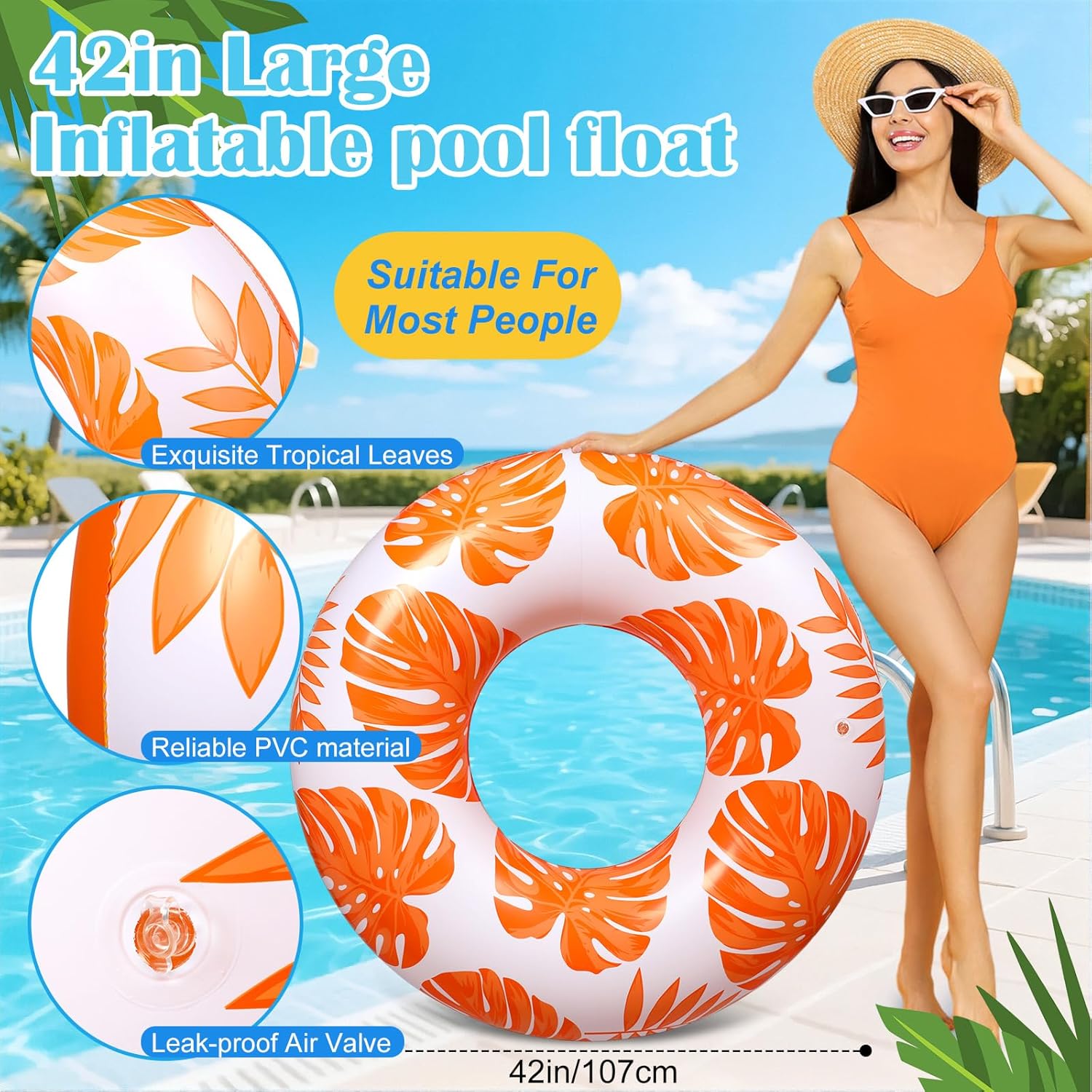ShinyRelief 2 Pcs Large Adults Pool Tubes 42inch Inflatable Floats Tube Tropical Leaves Inflatable Pool Floats Rings Swimming Ring for Summer Hawaii Swimming (Dark Green,Orange)