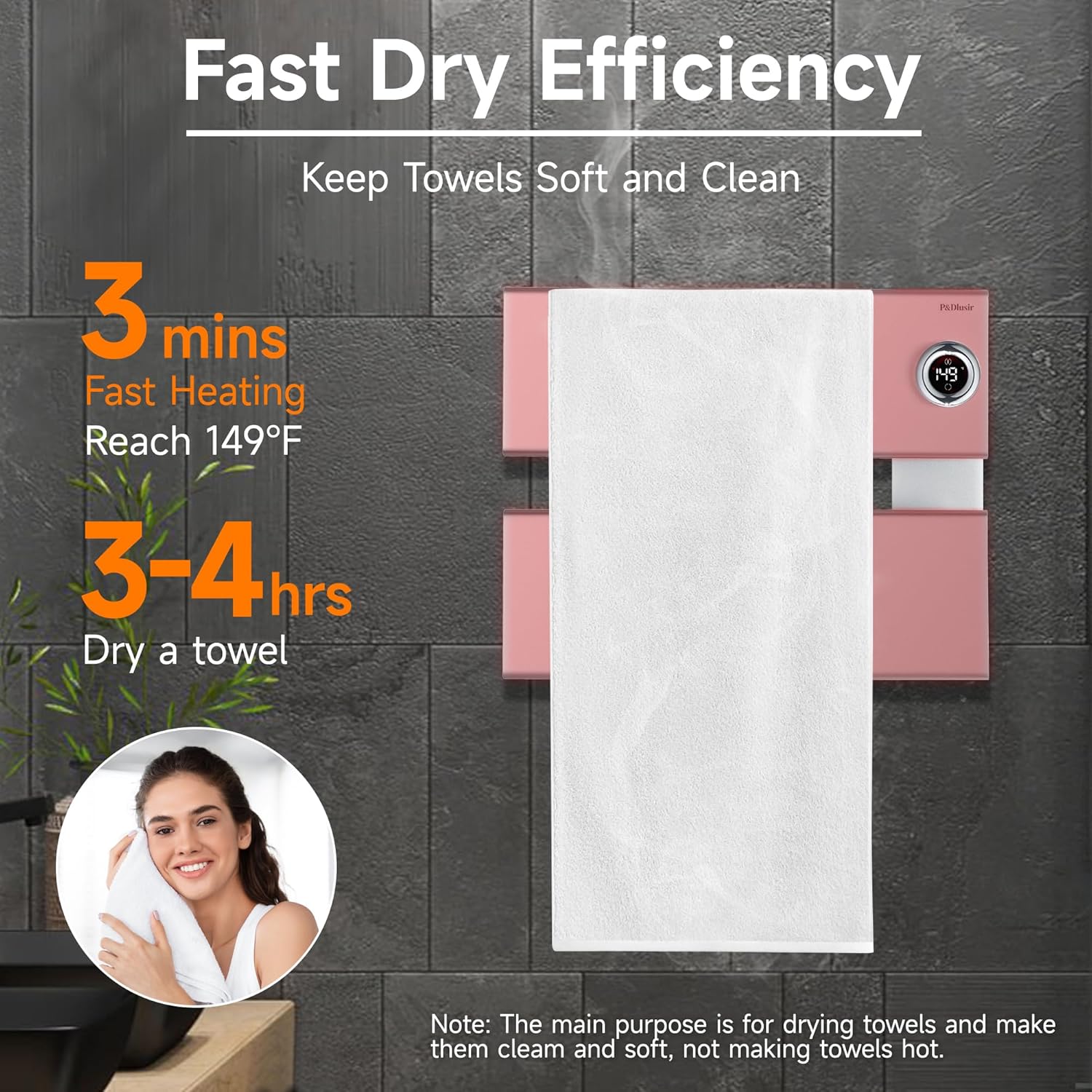 P&Dlusir Towel Warmer, Heated Towel Rack with Adjustable Temperature and Timer (1-24h, On), Fast Heating and Drying for Bathroom, Memory & Remote Control Compatible, Right-Wiring, 2-Panel, Silver