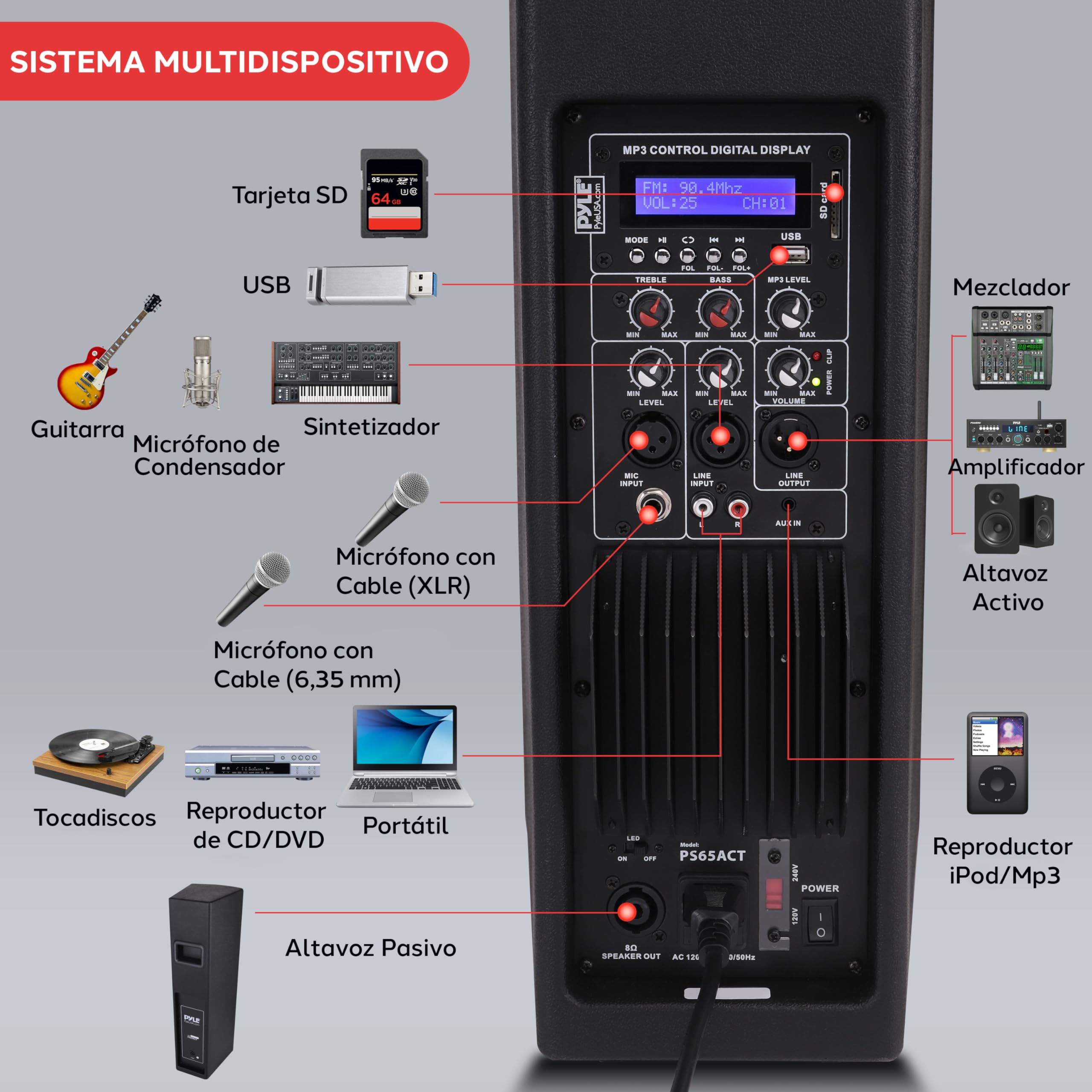 Pyle Altavoces, PA, 400W, Bluetooth, Portatil, Activo, Pasivo, 3 vias, Entrada para microfono, Luces, Radio FM, con Mando a Distancia y tripode Incluido