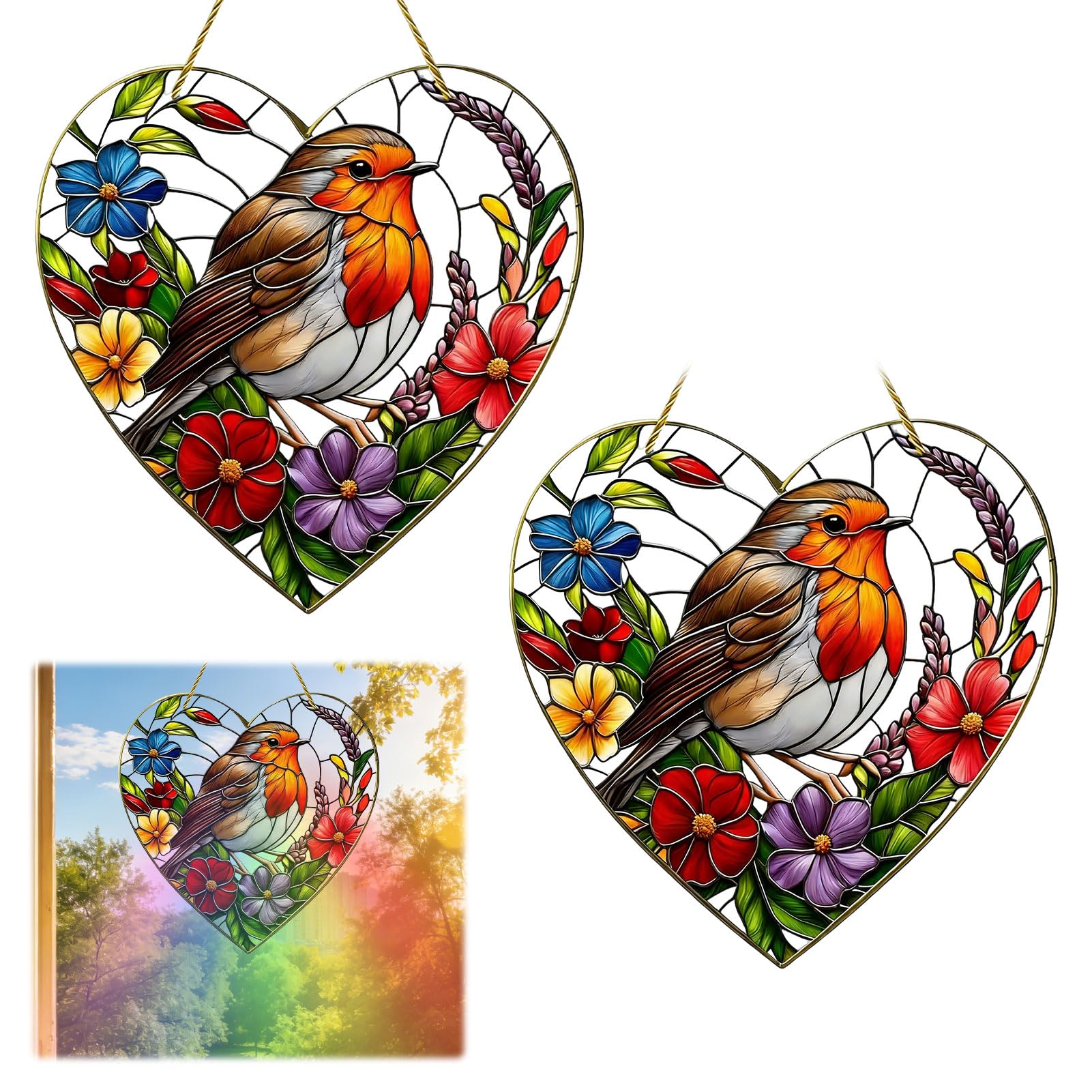 2Pcs Sun Catchers for Windows,20x20cm Heart-Shaped Robin Stained Glass Suncatcher,Garden Bird Ornaments with Stained Glass Effect,Colorful Bird Ornament Inspired Gift