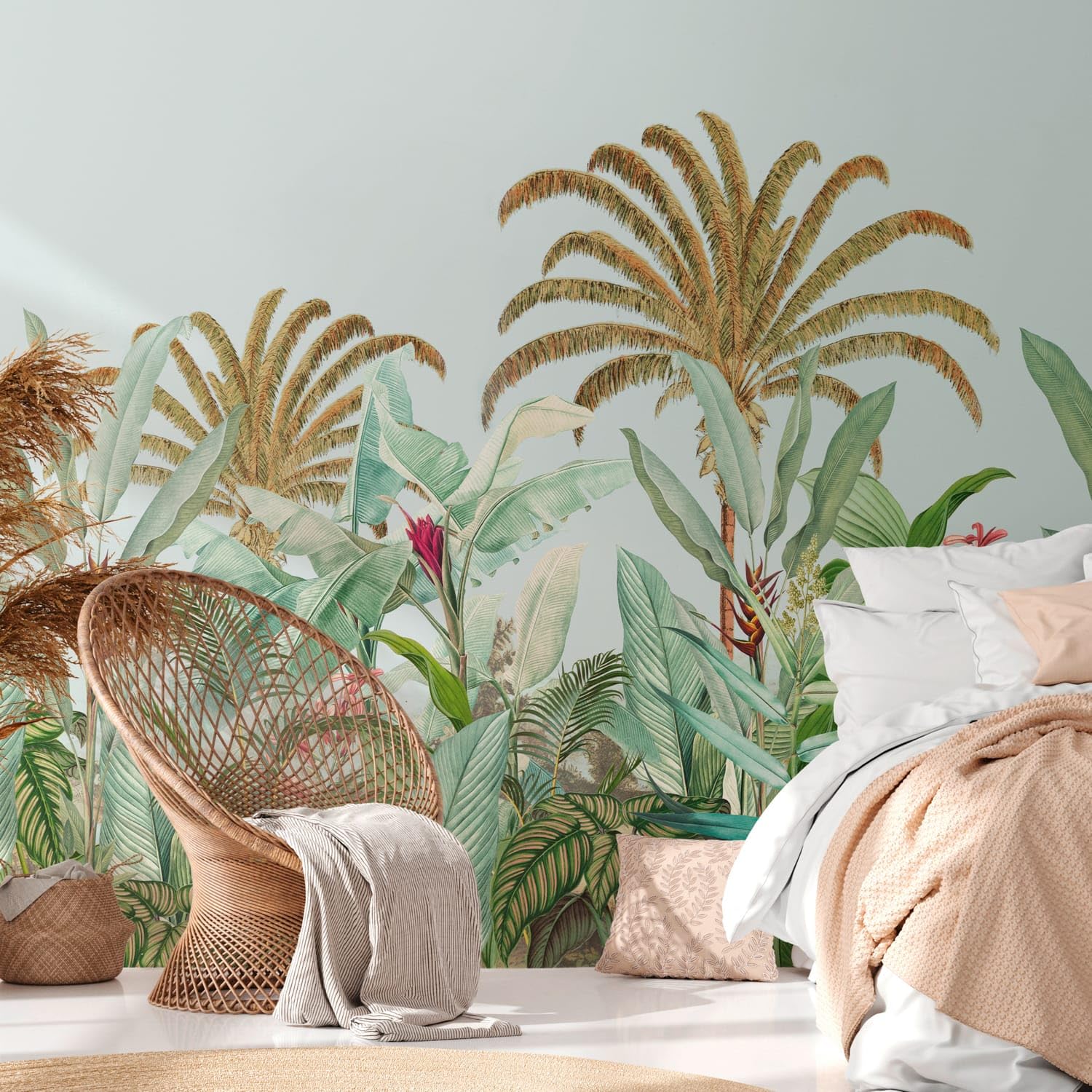 Papier peint intissé TNT jungle bleu vert rose 0,53 m x 14,40 m