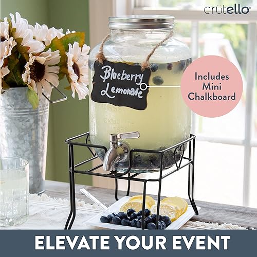 Miniatura 2 de Crutello Dispensador de bebidas de vidrio con grifo de acero inoxidable, dispensador de bebidas de 1 galón, soporte negro metálico, limonada, té,