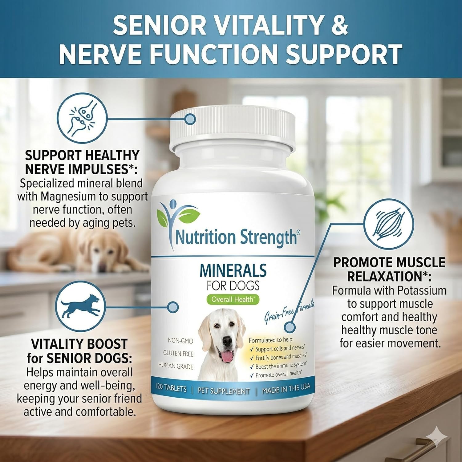 Dog Minerals & Electrolytes - Essential Raw Diet Balancer & Senior Dog Vitality Support - Calcium, Magnesium, Zinc, Iron & Selenium for Bone, Muscle & Nerve Health - 120 Tablets