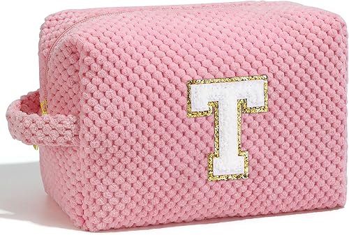 YOOLIFE Bonita bolsa de maquillaje con inicial, bolsa multifuncional para maquillaje, bolsa de cosméticos, regalos de cumpleaños para mujer, Rosado,