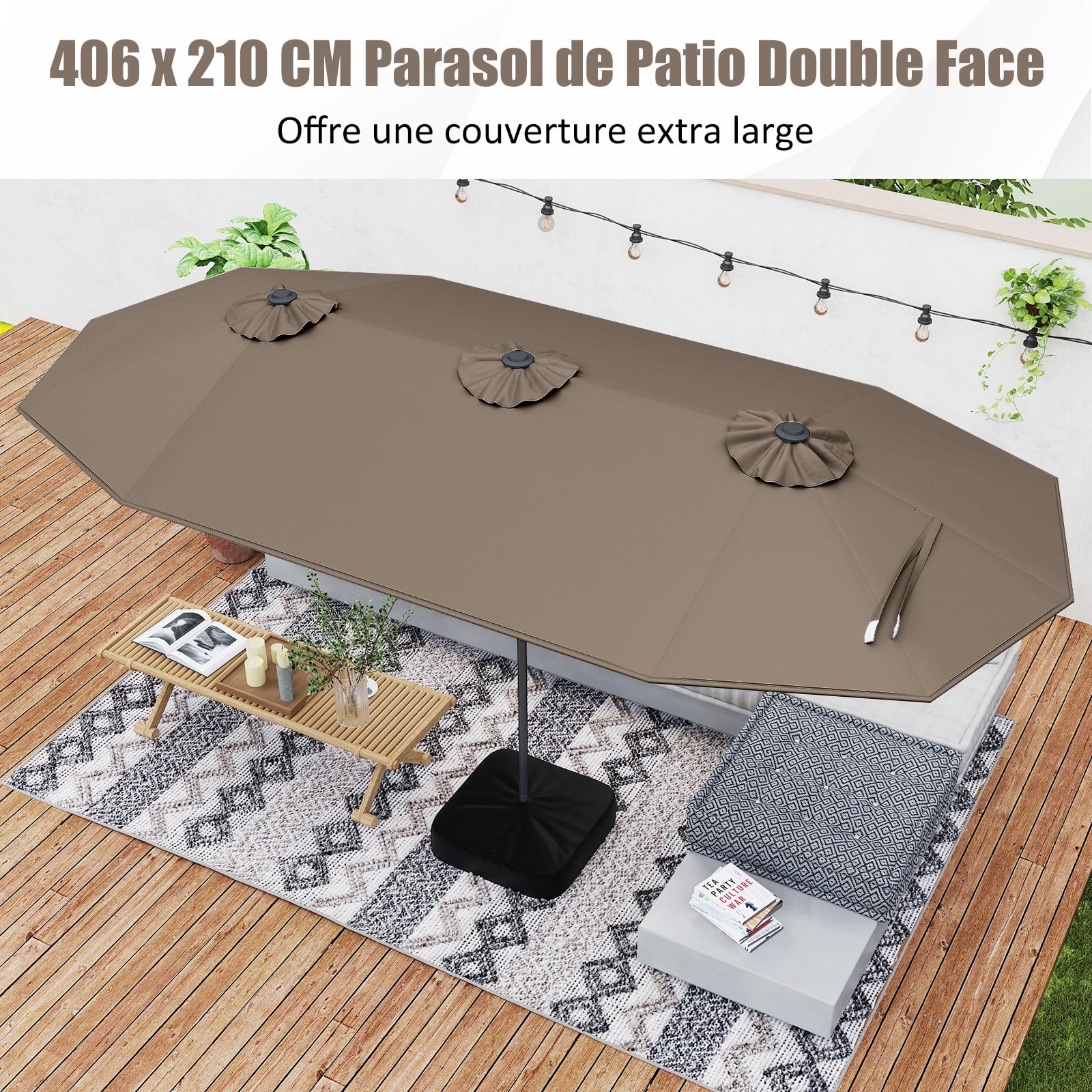 GOPLUS Grand Parasol de Jardin Exterieur avec Pied, 4M Parasol Rectangulaire Double Face pour 6 Personnes avec LED, Manivelle et Ventilation, pour Marché, Piscine, Terrasse, Balcon (Café)